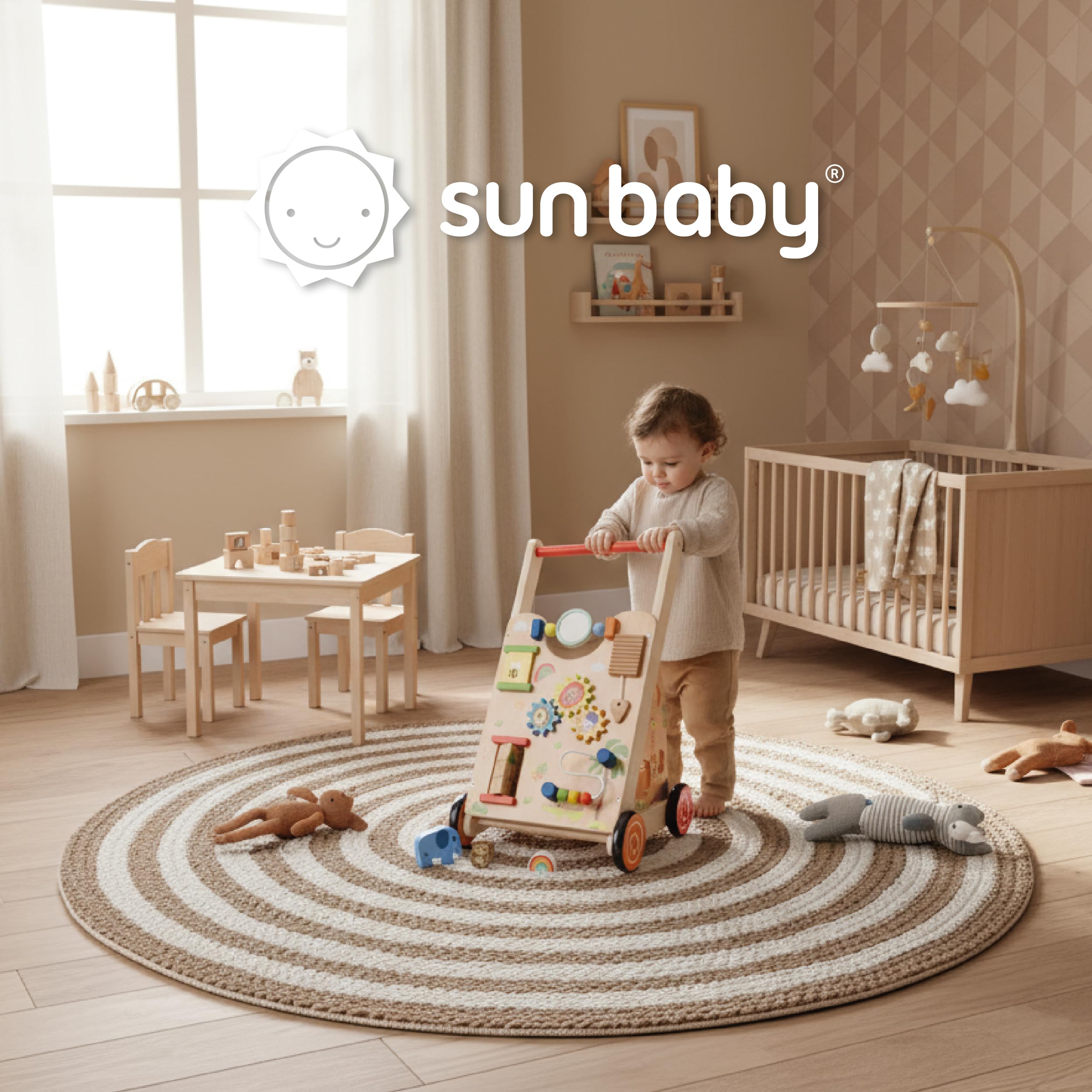 SUN BABY Interactive Baby Push Walker 12-36 Months - Brown | Activity board, interactive toys and stable wheels