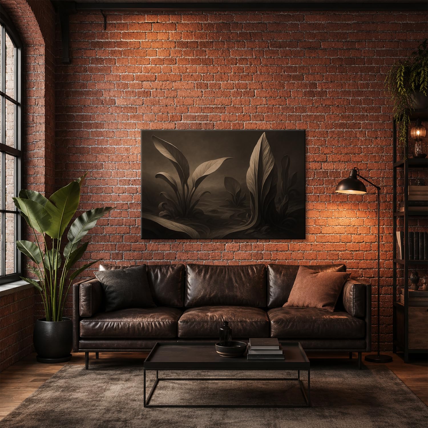 deyoli Obraz na płótnie ciemny las z dużymi liśćmi 100 x 70 cm Sepia