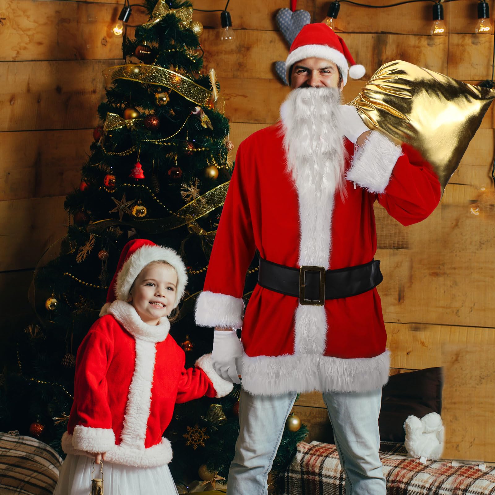 Santa Claus Costume Set Christmas Santa Suit Adult Outfit with Black Belt Hat Gloves Beard and Bag for Men Women (XX Large)