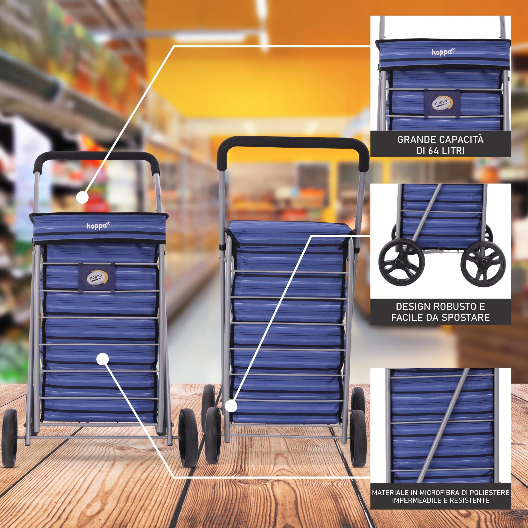 Hoppa Carrello Della Spesa Pieghevole XL 47L - Borsa Con Ruote Resistente E Capiente