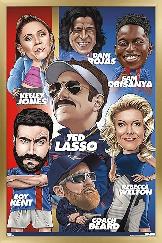 Trends International Ted Lasso - Póster de pared con cuadrícula de personajes, 22.37 x 34.00 pulgadas, versión enmarcada en oro