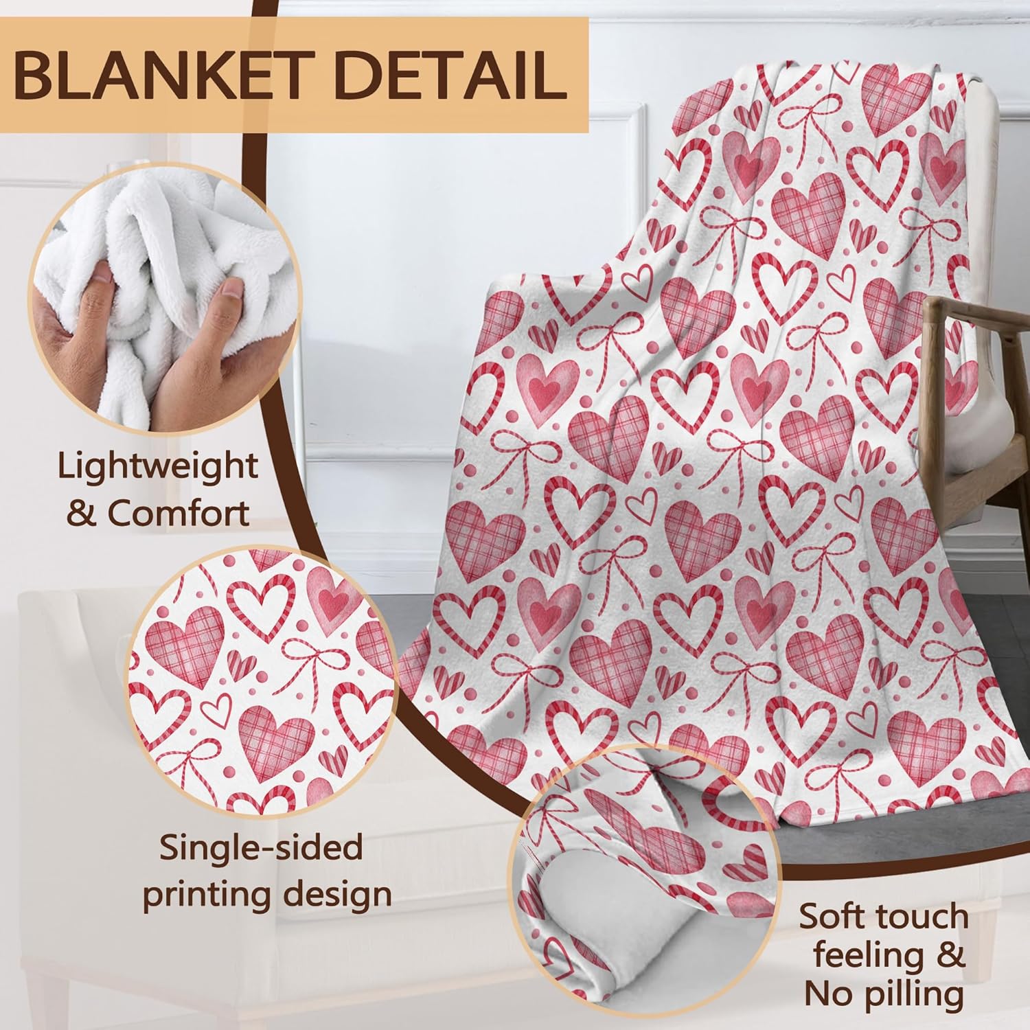 Pink Hearts Throw Blanket for Couch Home Decoration,Sweet Bows Cozy Fluffy Blanket,Decorative Flannel Fleece Fall Throw for Sofa Living Room Travel,Camping,Naps,Reading50 X 60 Inch