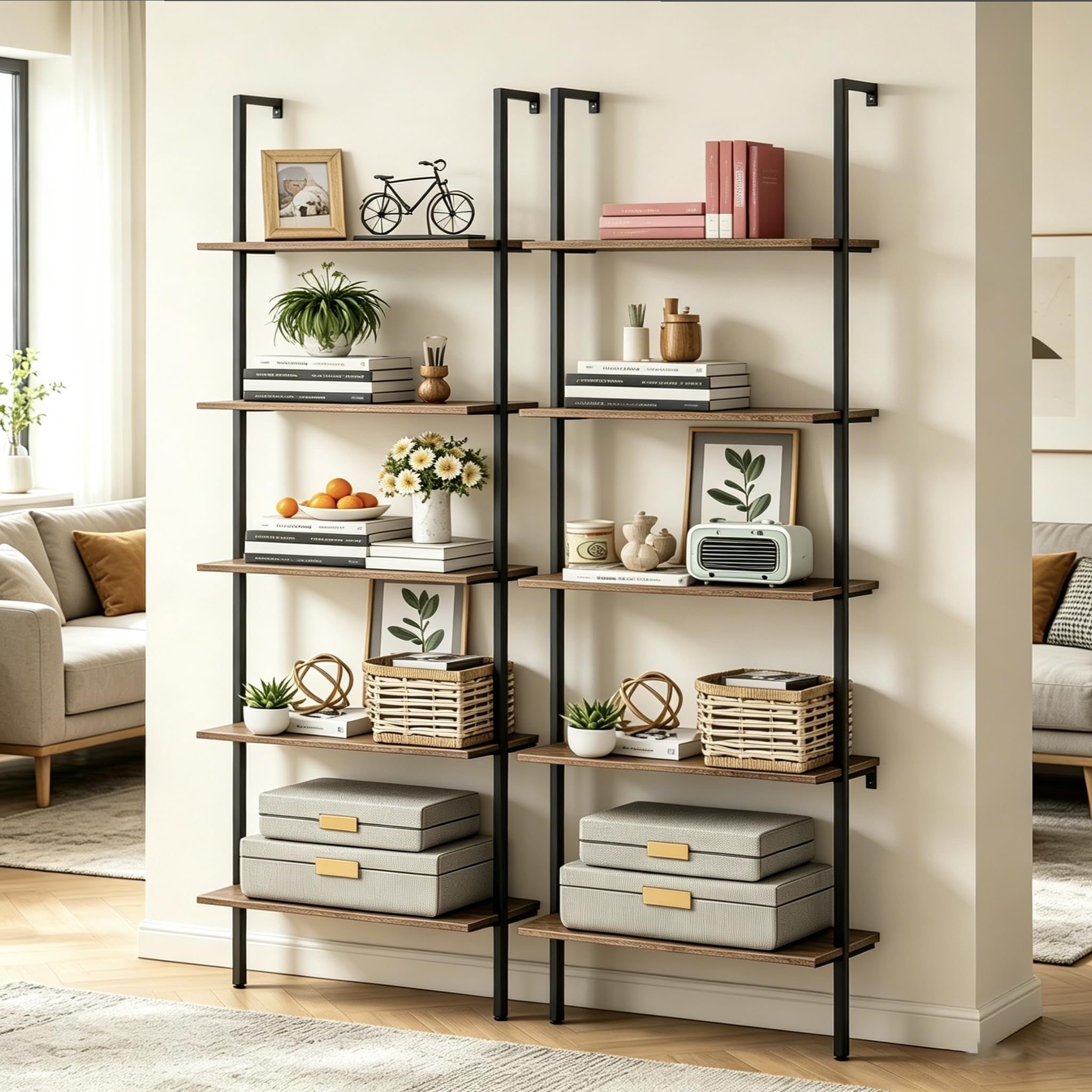Photo 1 of Wolawu 5 Tiers Ladder Shelf 2-Piece Black Modern Tall Bookshelf Open Large Tall Wall Mount Storage Bookcase Standing Leaning Wall Shelves Industrial Decorative (Brown)