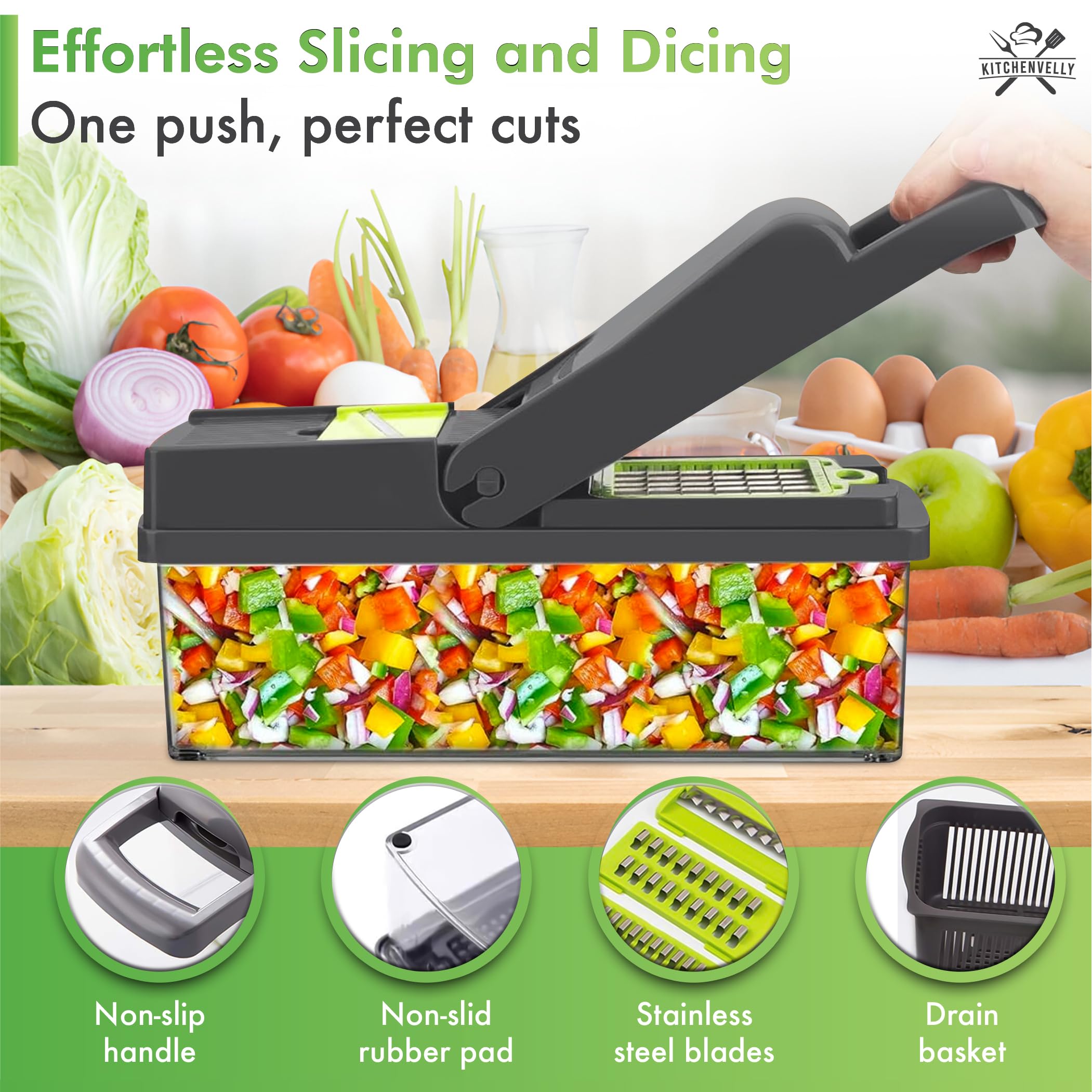 Picador de verduras 16 en 1 con 8 cuchillas, cortador y cortador de verduras, picador de alimentos con recipiente y tapa, picador de cebolla, picador de ensalada 2