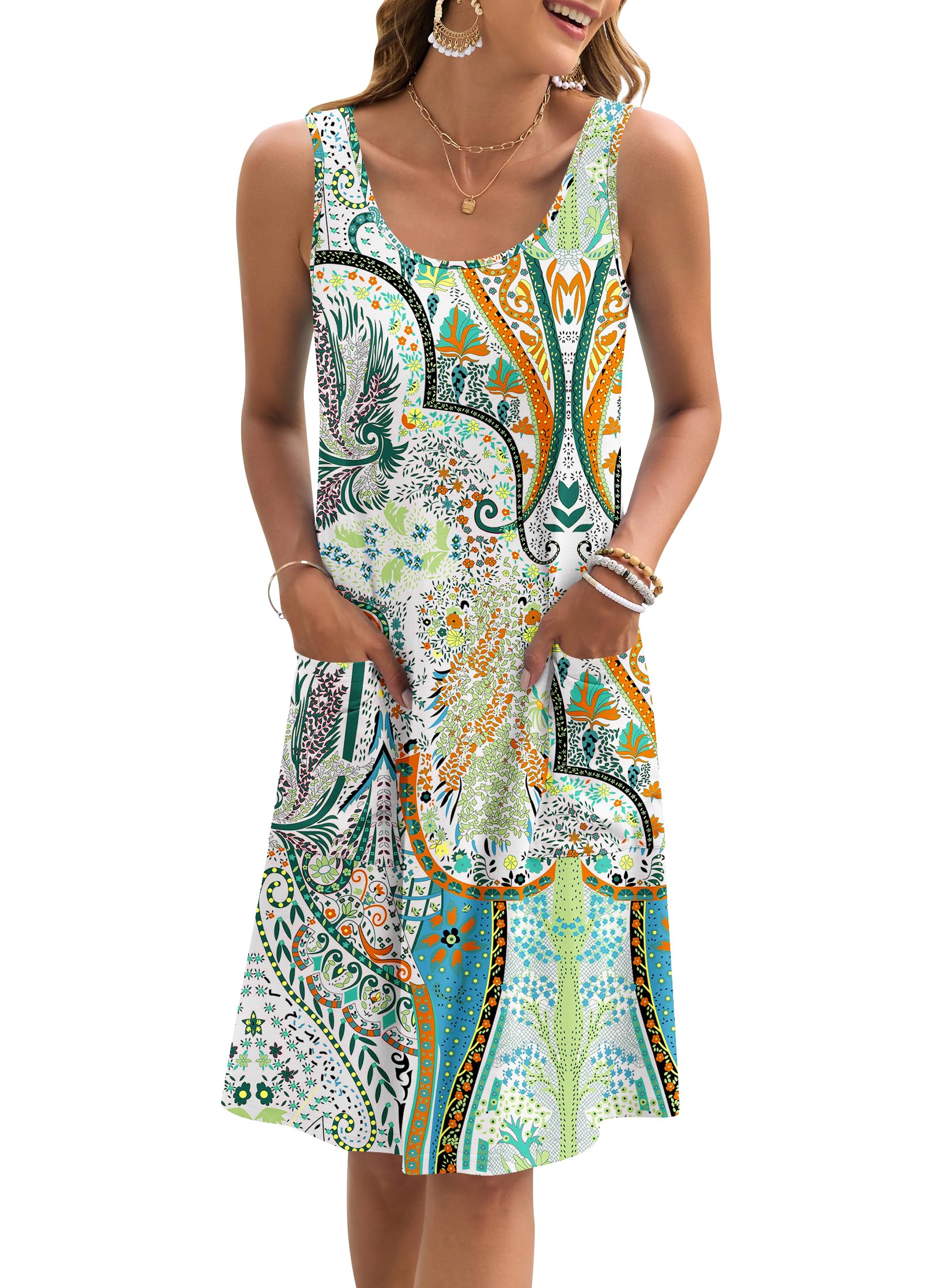 AUSELILY Vestito Estivo da Donna Senza Maniche, Midi Casual da Spiaggia Leggero con Tasche