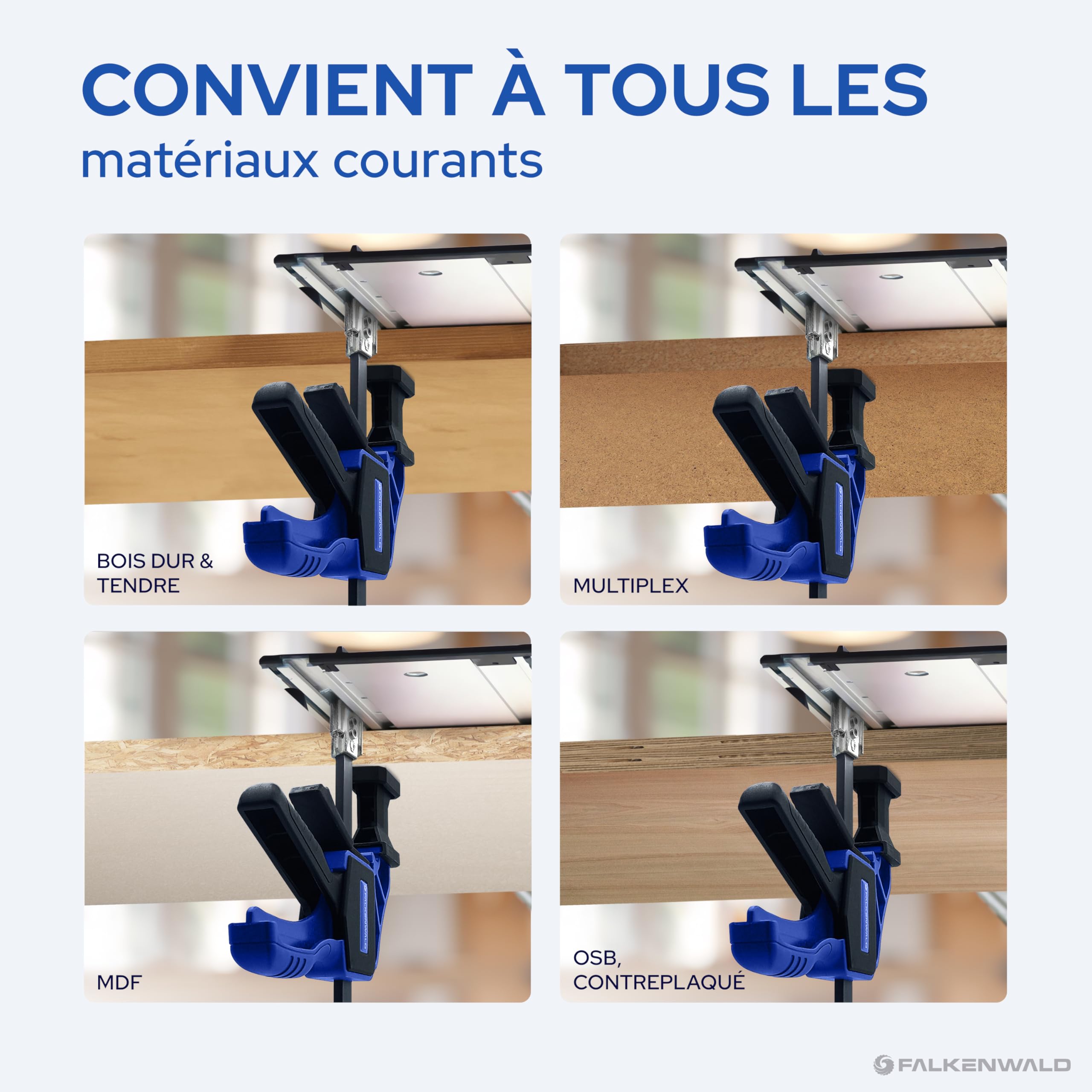 Falkenwald® Jeu de 2 Serre Joints à Libération Rapide pour bosch - Largeur de Serrage 150 mm et 240 mm - Force de Serrage Maximale de 68 kg pour Travail du Bois, des Métaux et DIY