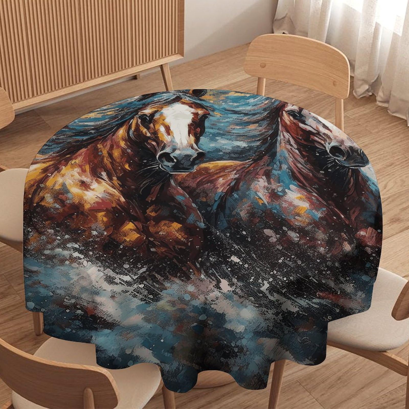 Nappe ronde imprimée chevaux pour protéger la table de cuisine des taches