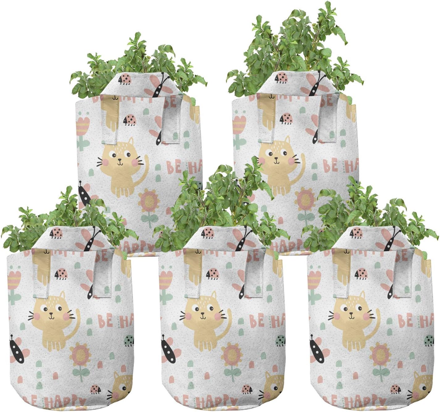 Ambesonne Cartoon Grow Bags 5-Pack, Kittens, Heavyduty Fabric Pots with Handles for Plants, Multicolor
