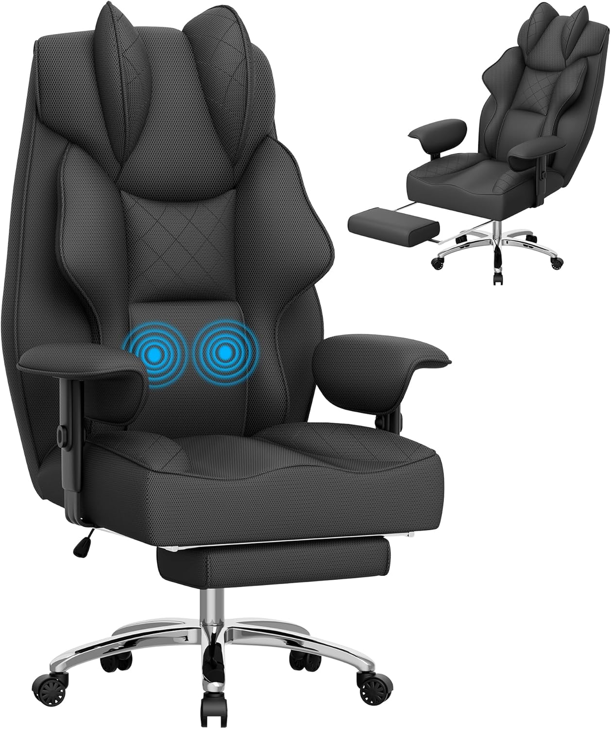 Homall Big and Tall Massage Office Chair,Reclining High Back Ergonomic Home Office Desk Chair with Adjustable Padded Armrest and Foot Rest (Leather, Black)