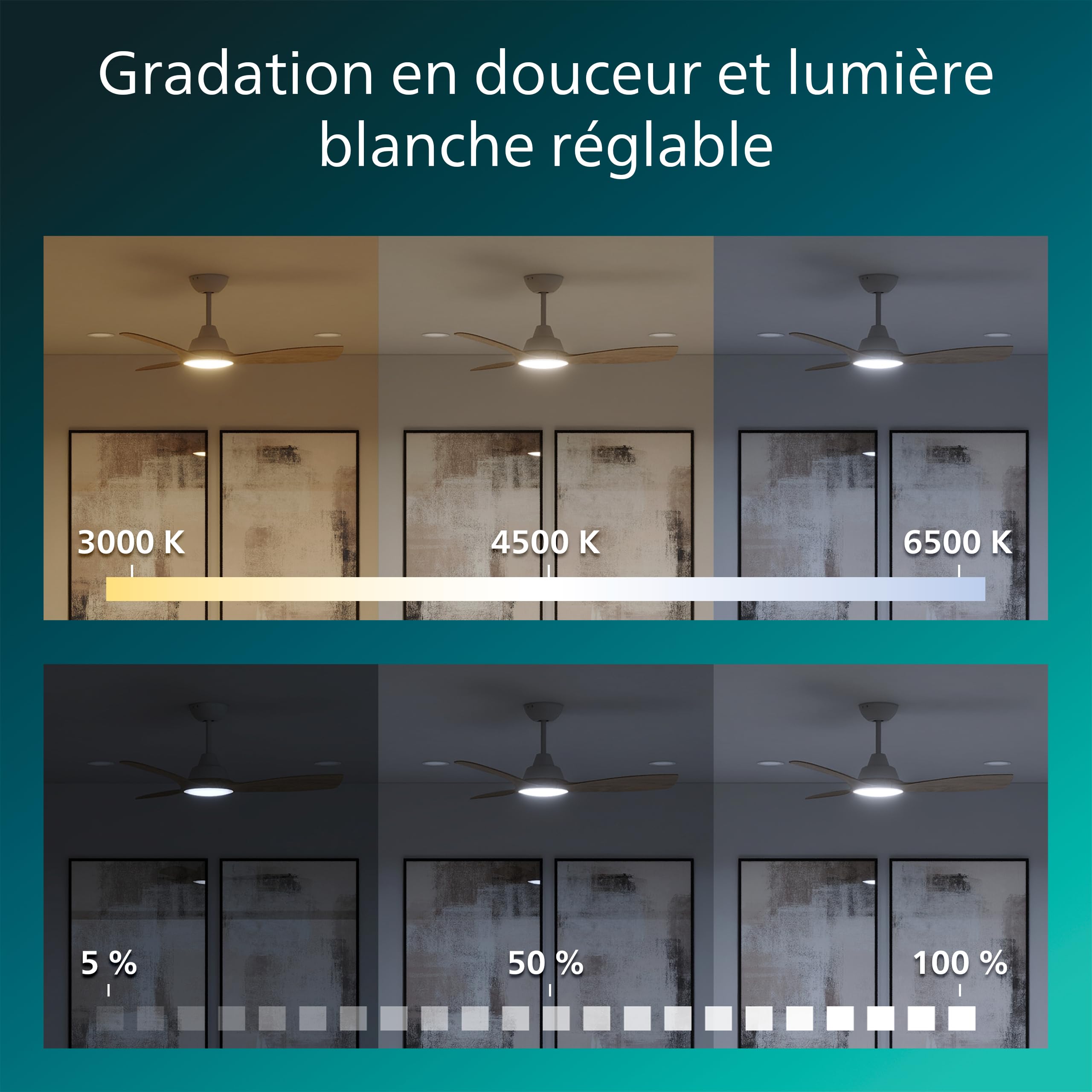 PHILIPS Ventilateur de Plafond LED 107 cm 2650 Lumens 3000-6500K Télécommande Blanc/Bois
