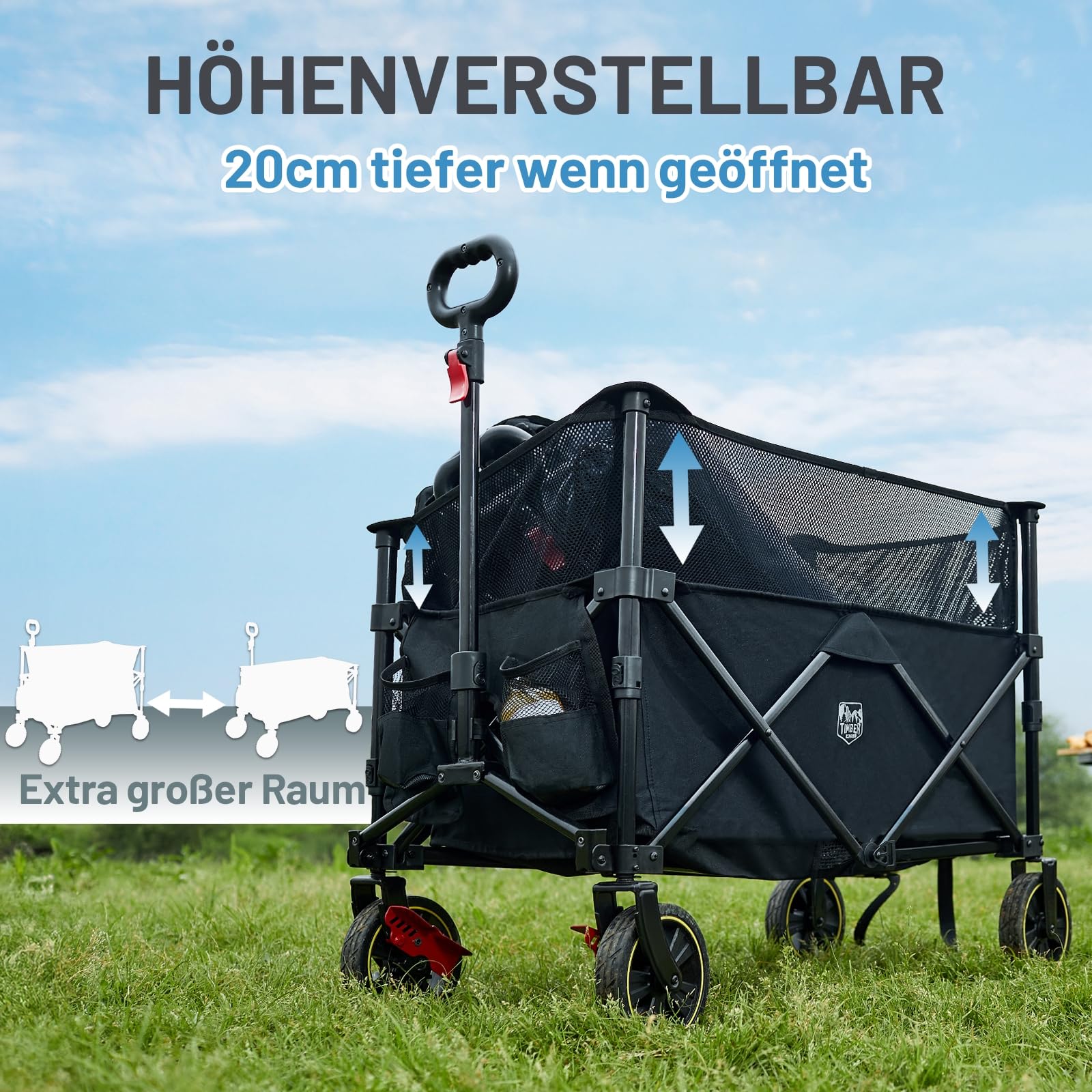 TIMBER RIDGE XXXL Bollerwagen Faltbar 225L mit Bremse | Transportwagen Klappbar Große Kapazität Verstellbarer Griff Seitentasche Getränkehalter Gartenwagen Handwagen Alle Gelände