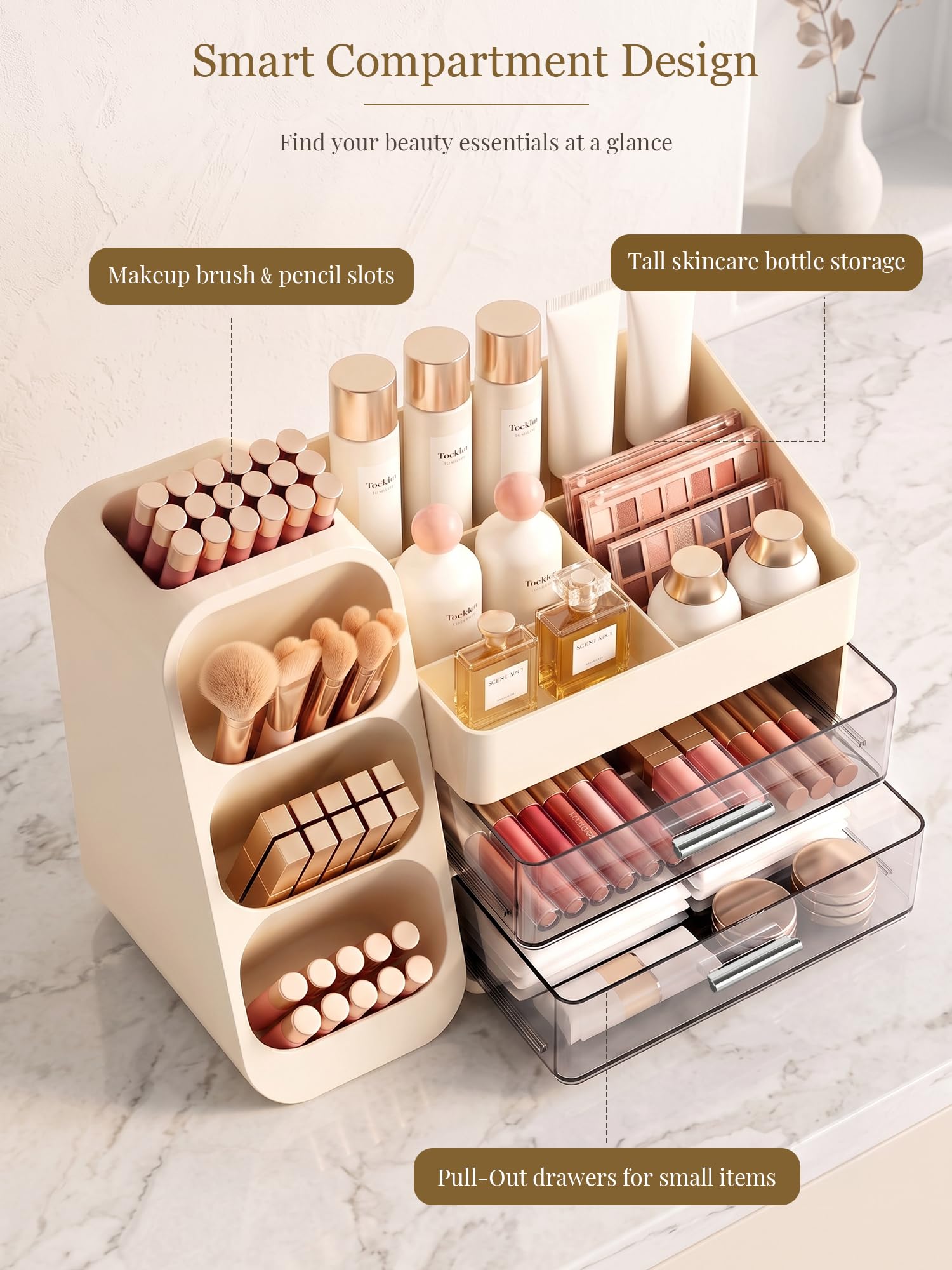 Booklov Large Makeup Organizer for Vanity Countertop, Cream 1
