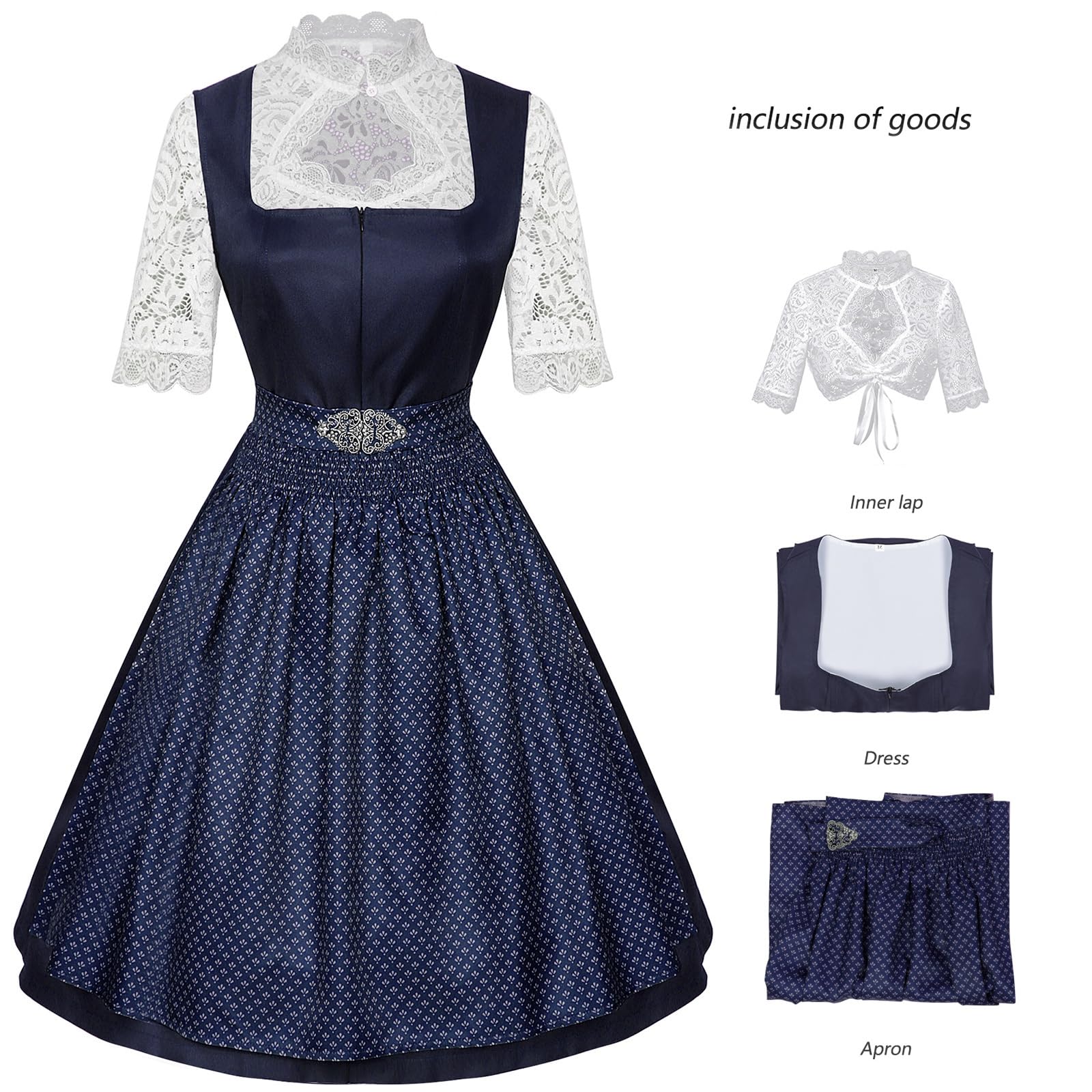 Generisch Dirndl Damen Midi Dirndl-Komplettsets Oktoberfest Damen Outfit | Trachtenkleid Elegant Mit Ärmeln Dirndlkleid Set 3 Teilig Kleider Inkl. Dirndlbluse Spitze Dirndlschürze Ohne Schnürung