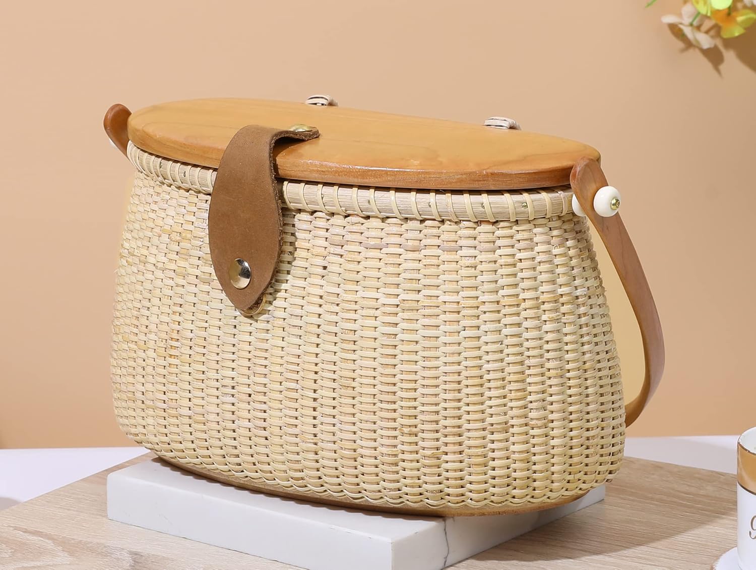Nantucket Basket Tall Crescent Purse Cane-on-cane weave Rattan Bag for Women Bag