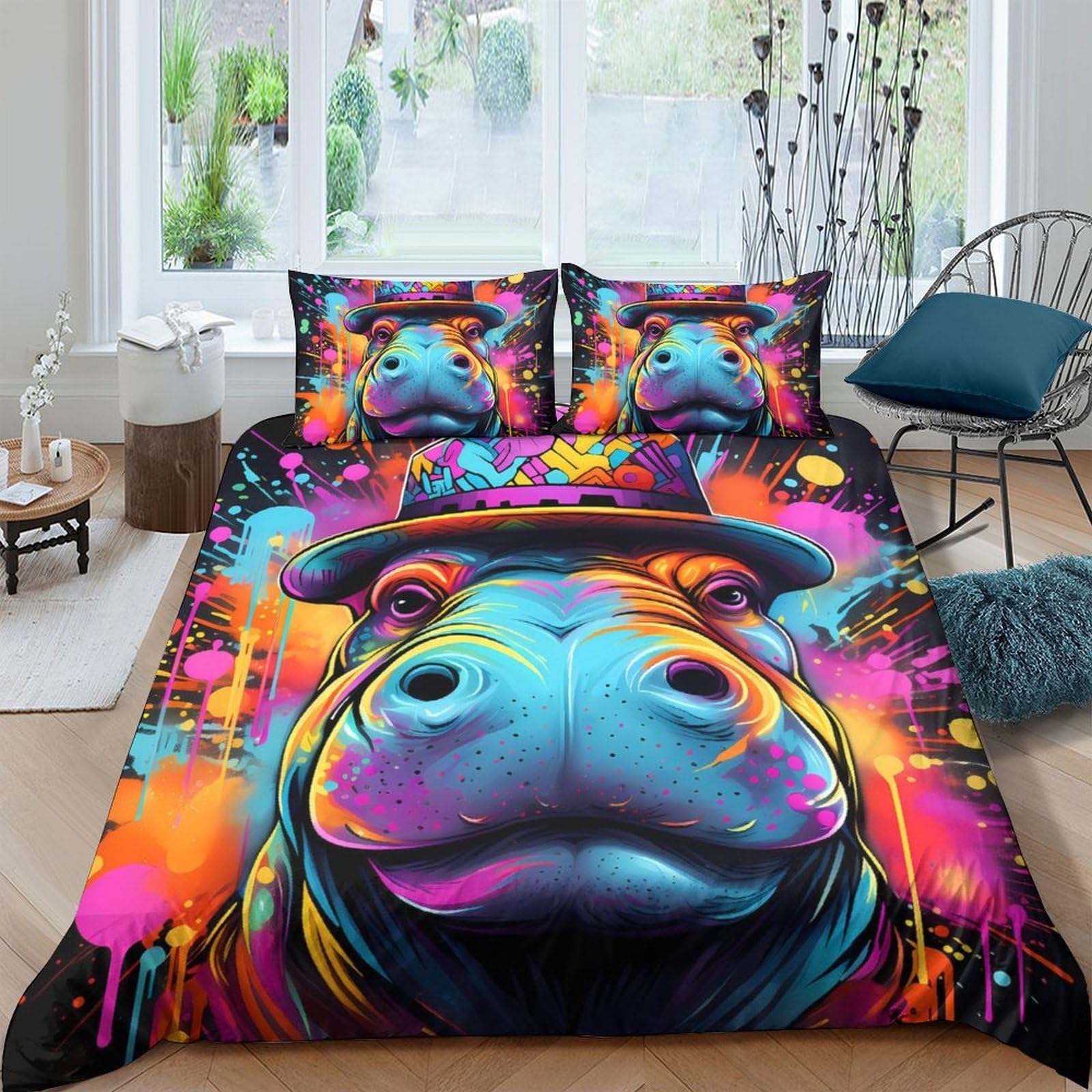 Ctjqhvkz Style-1 3D Printed Colorful Hippo Fitted Sheet Microfiber Soft Bed Sheet Graffiti Art Mattress Cover For Bedroom Dorm Decor Single（135X200cm）