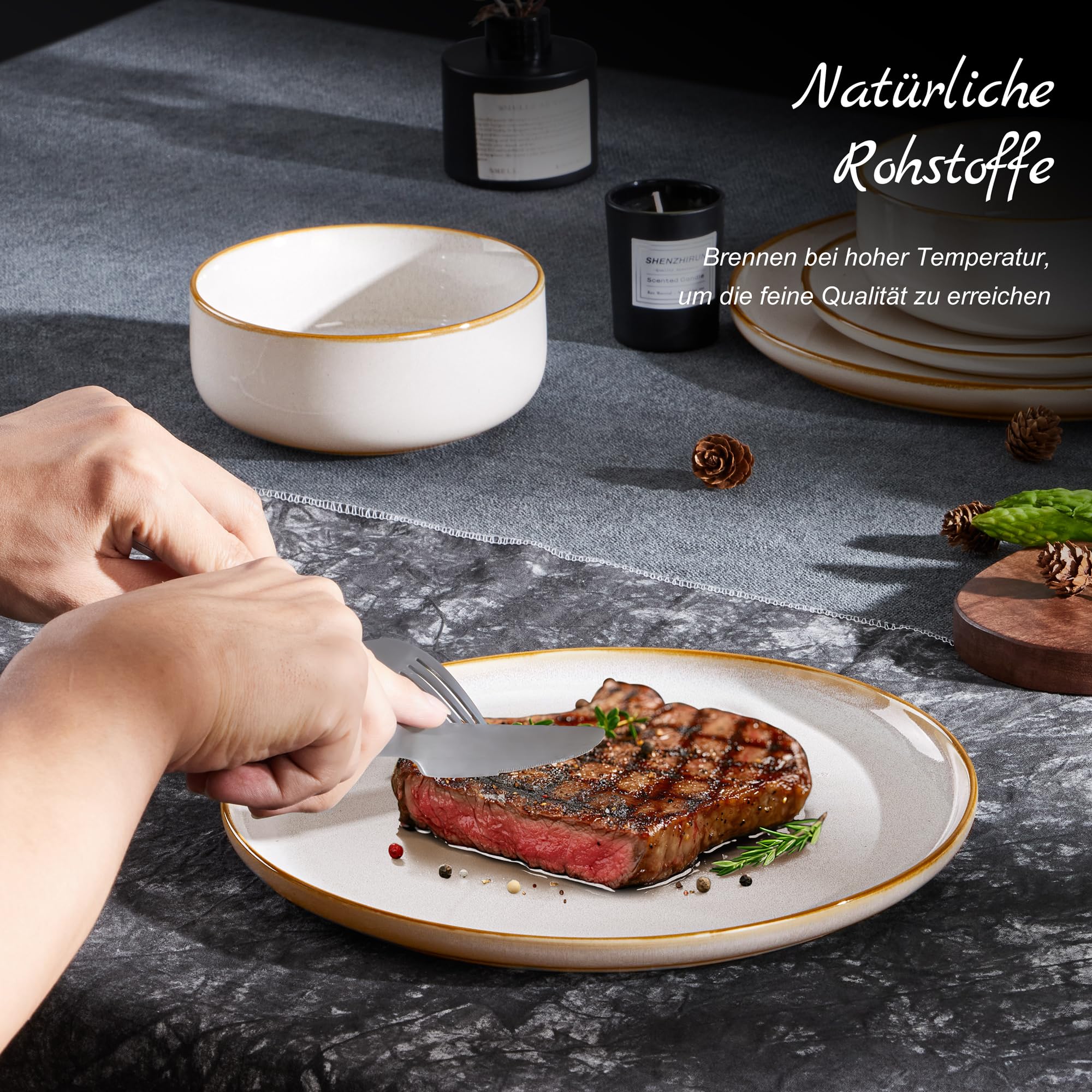 Homikit vajilla para 6 personas, vajilla de gres de 18 piezas, de esmalte reactivo con cuenco y plato, resistente a los arañazos, apta para microondas y lavavajillas, Jupiter Beige