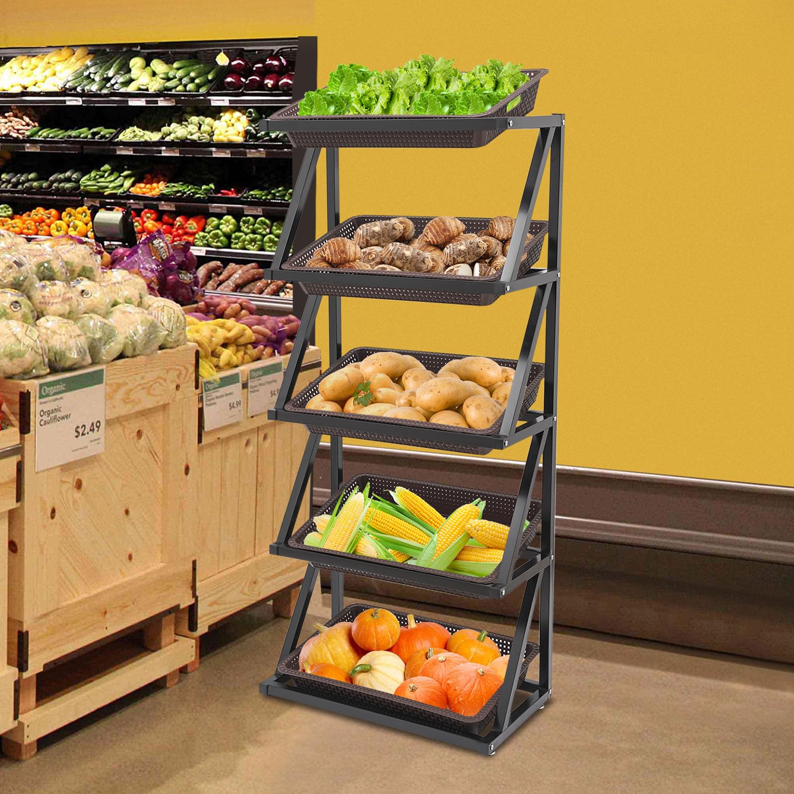 Scaffale portafrutta e Verdura per supermercati Commerciali a 5 Ripiani, espositore per Vendita al Dettaglio a Fila Singola con 5 cestini, Set di cestini per Snack 25,6'' × 13,8''
