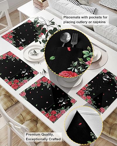 Miniatura 2 de Juego de 4 manteles individuales para mesa de comedor para el día de San Valentín, manteles individuales de algodón y lino con bolsillo, lavable