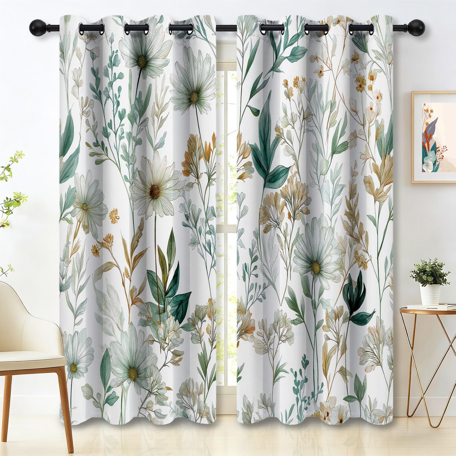 Generisch Natur Landhausstil Verdunkelungsvorhang, Aquarell Blumen Blätter Bedruckter Wärmeisoliert Vorhänge mit Ösen, Weiß Vorhang für Schlafzimmer Wohnzimmer, H215 x B110 cm x 2 Vorhänge