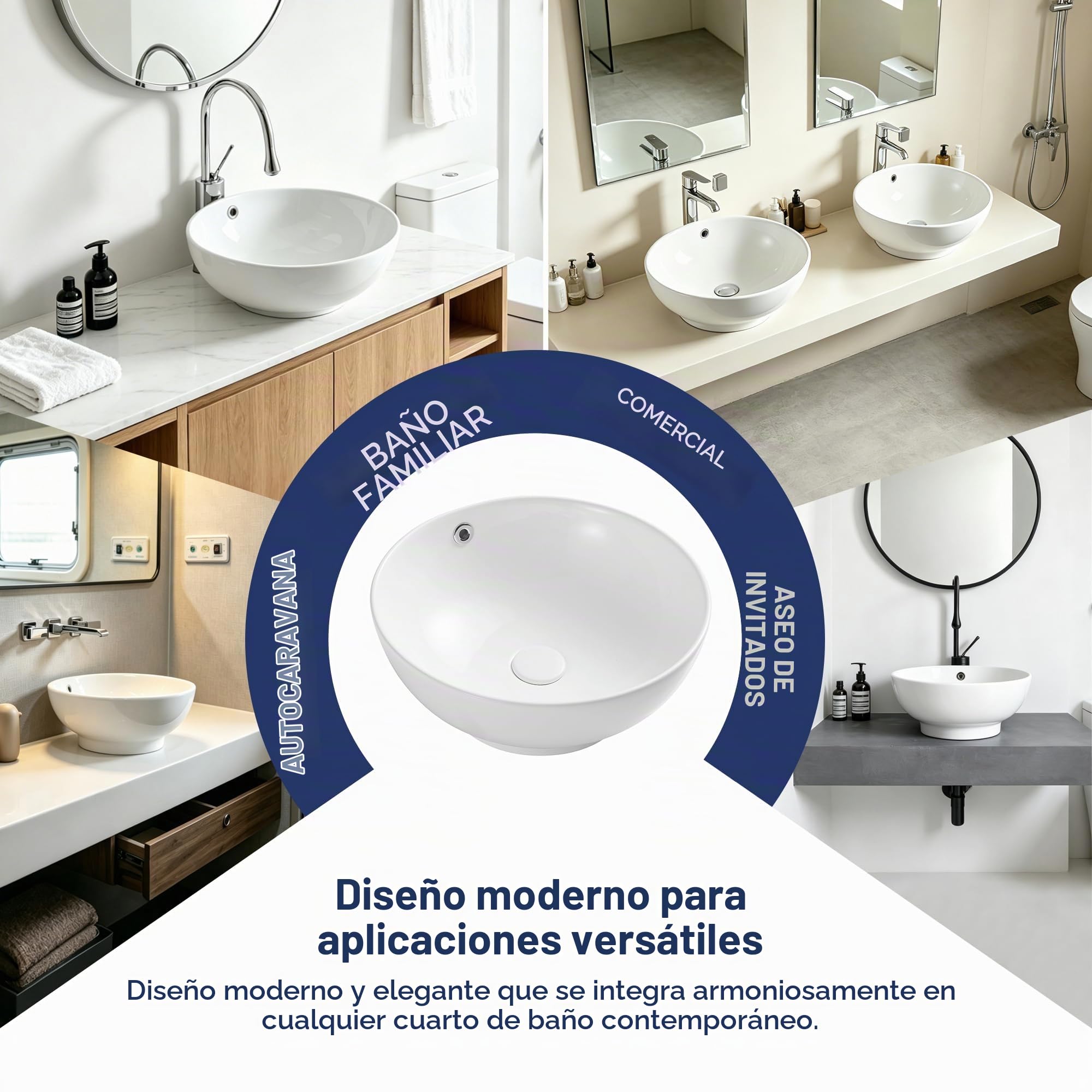 Eridanus Fregadero redondo con agujero de desbordamiento, lavabo de cerámica para encimera de baño, lavabo de porcelana vítrea para lavabo, baño, tocador, blanco brillante, 430 x 430 x 180 mm