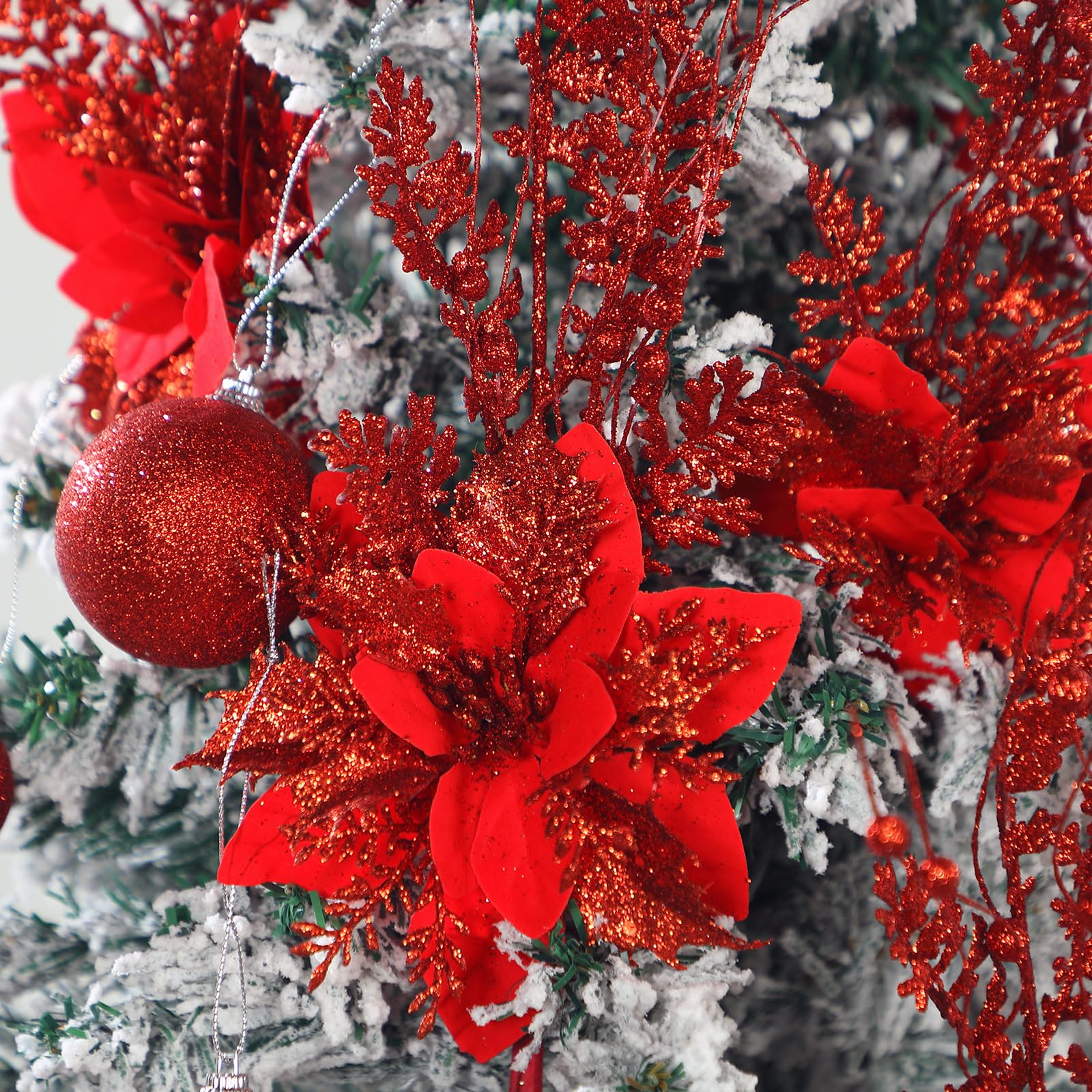 Canlierr 15 Stück 43,2 cm künstliche Glitzer-Beerenstiel-Ornamente mit Weihnachtsstern, Weihnachtsstern, für Weihnachtsbaum, Vase, Urlaub, Party, Heimdekoration (rot)