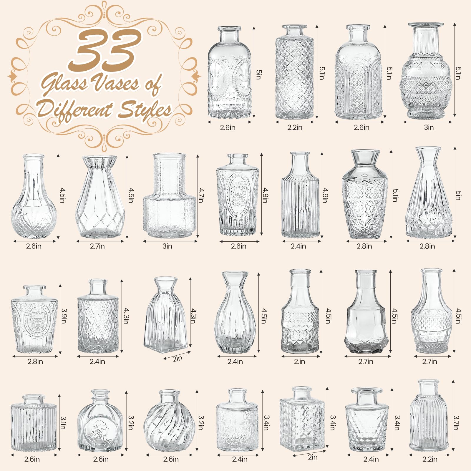 33 Jarrones de Cristal, Jarras Miniatura para Centros de Mesa, Jarrones Pequeñas Transparentes para Flores, Ideal para Decoración de Cumpleaños, Recepción de Boda y Decoración Hogareña