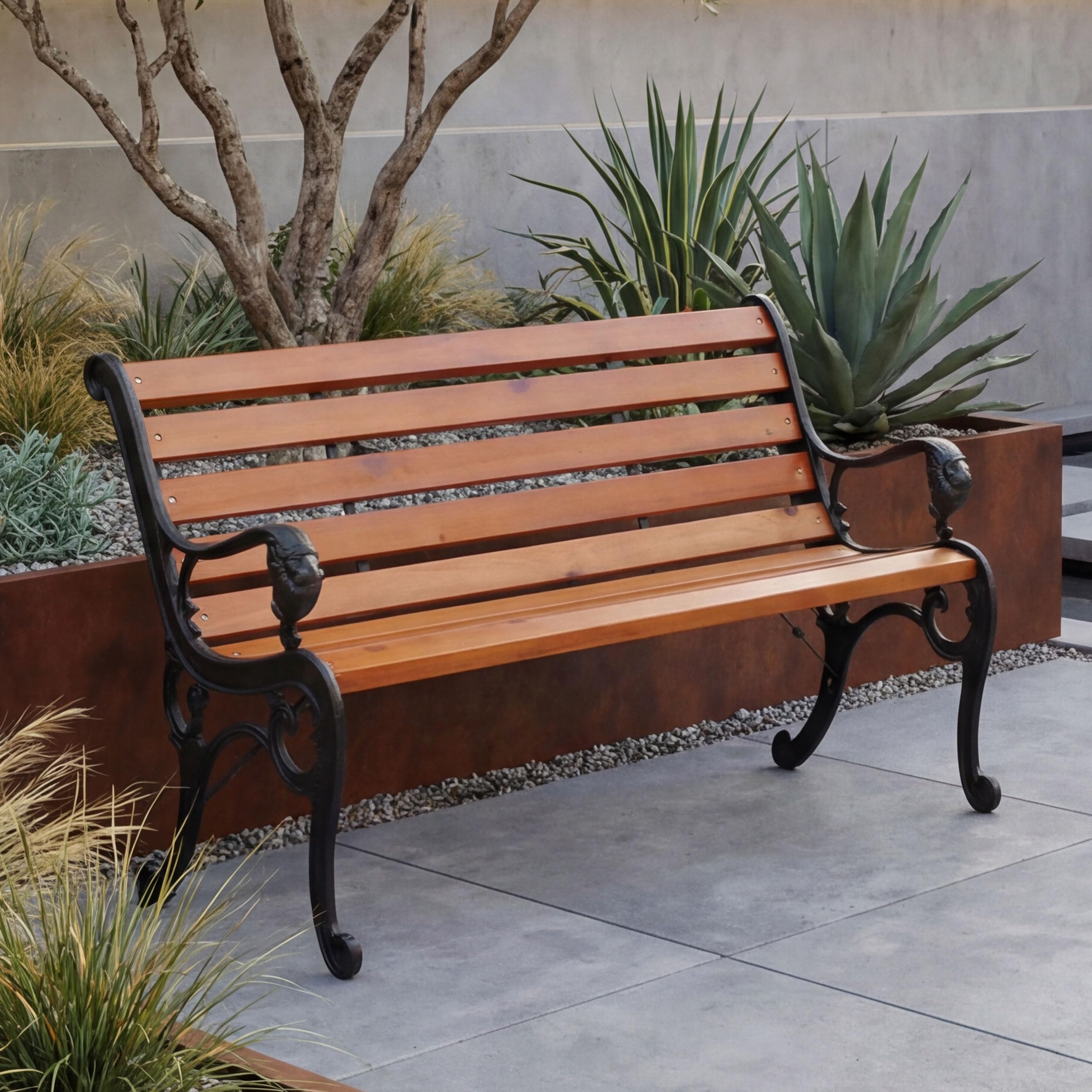 Mendler Panca da giardino HWC-O25, panchina da parco in legno 2 posti, ghisa legno pino certificato MVG, 132cm - teak