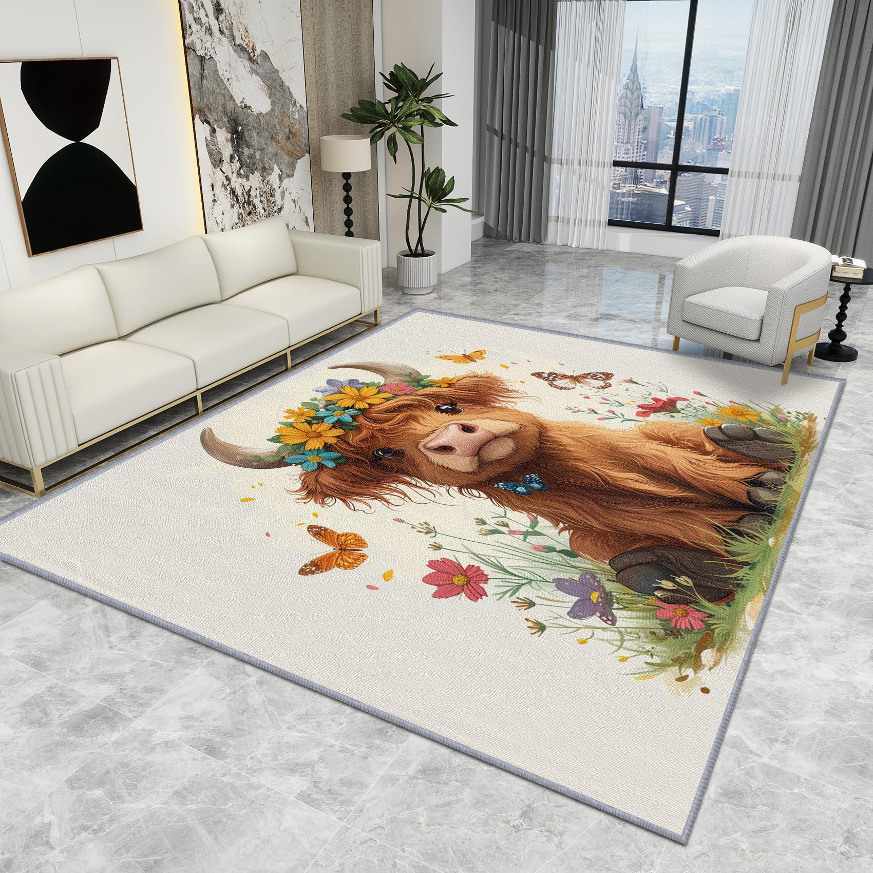 Highland Cow Rug Nursery - Highland Cow Rug - Cute Cartoon Farm Animal Floral Rugs, Kids Nursery Baby Carpet, Washable Rug Non Slip Large Area Rugs, Highland Cow Home Decor Gifts, 120 X 120 cm