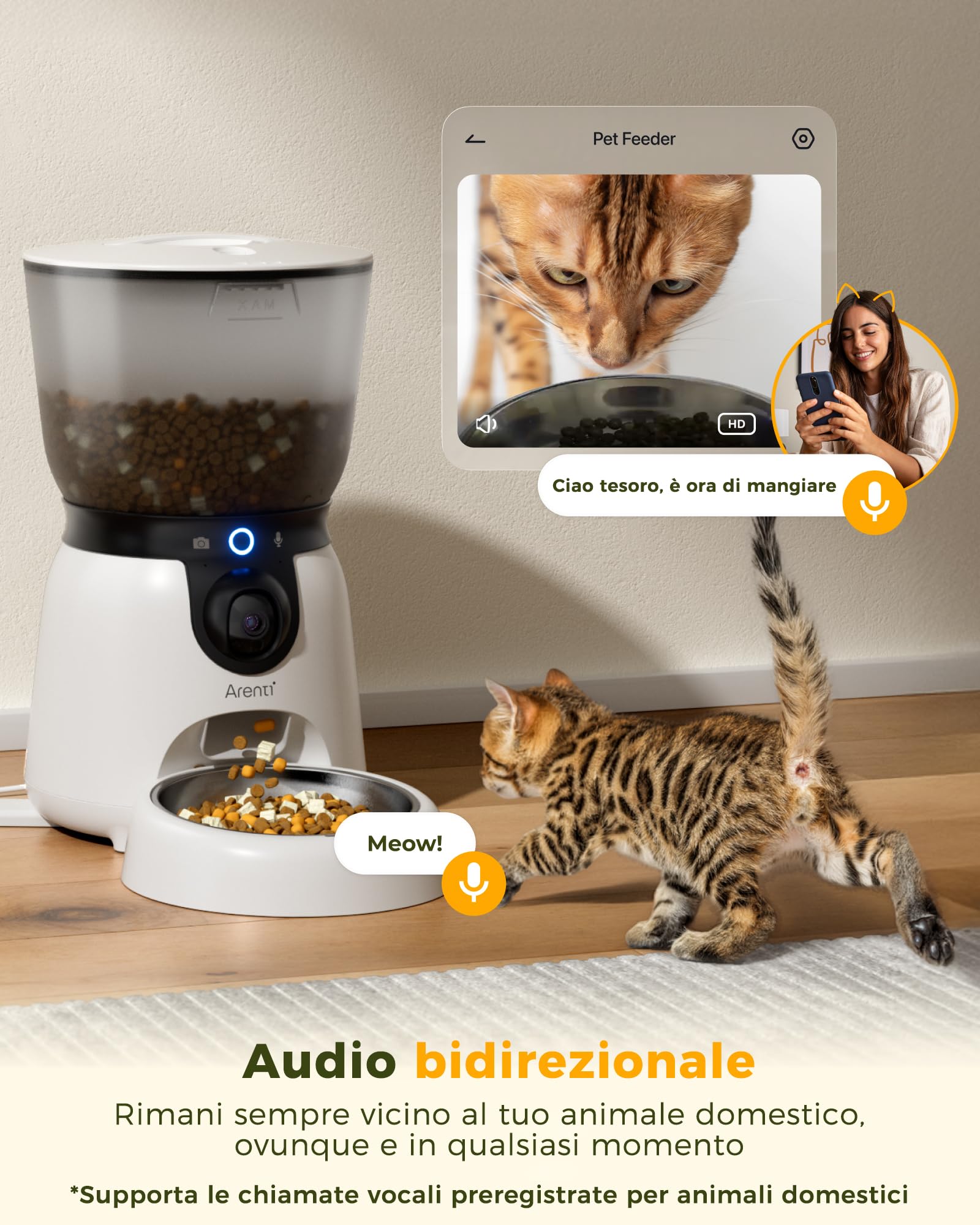 ARENTI Distributore Automatico Cibo per Gatti e Cani con Telecamera HD 2K/3MP,Fontanella per Gatti,WiFi 2.4G&5G,4.5L Dispenser Cibo Gatti/Cani con Audio Bidirezionale, Controllo APP