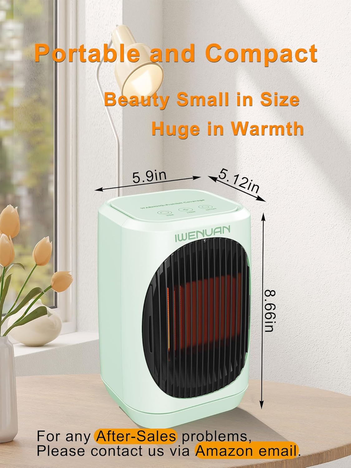 Image showing the dimensions of the IWENUAN Space Heater: 5.9 inches D x 5.12 inches W x 8.66 inches H.