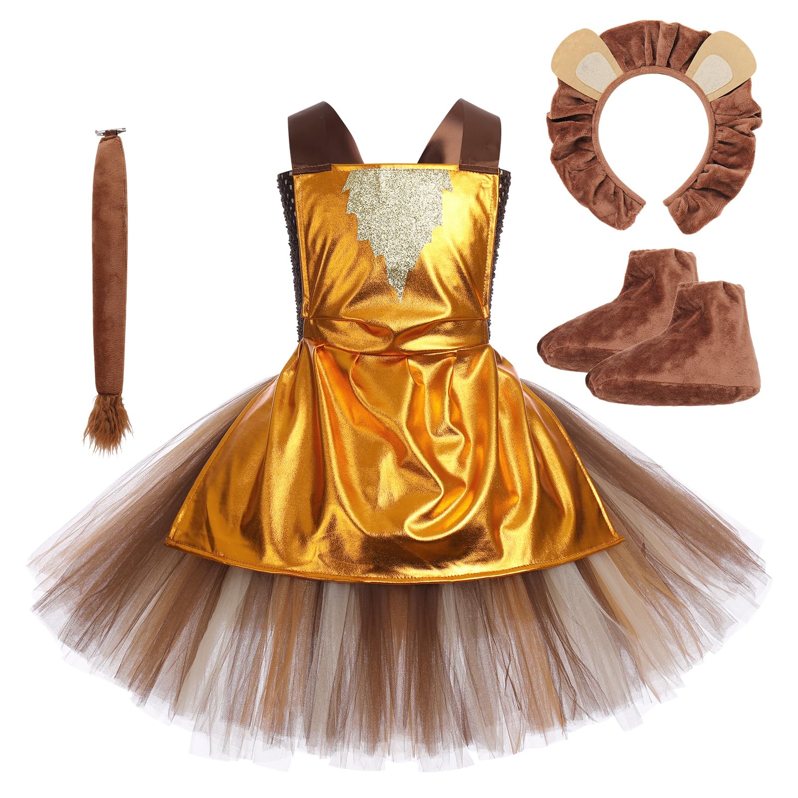 OBEEII Kids Girls Dorothy Tin Man Lion Scarecrow Costume Cosplay Halloween Dress Up Costume Children Movie Theme Role Play Tutu Dress with Accessory Brown 2 Years