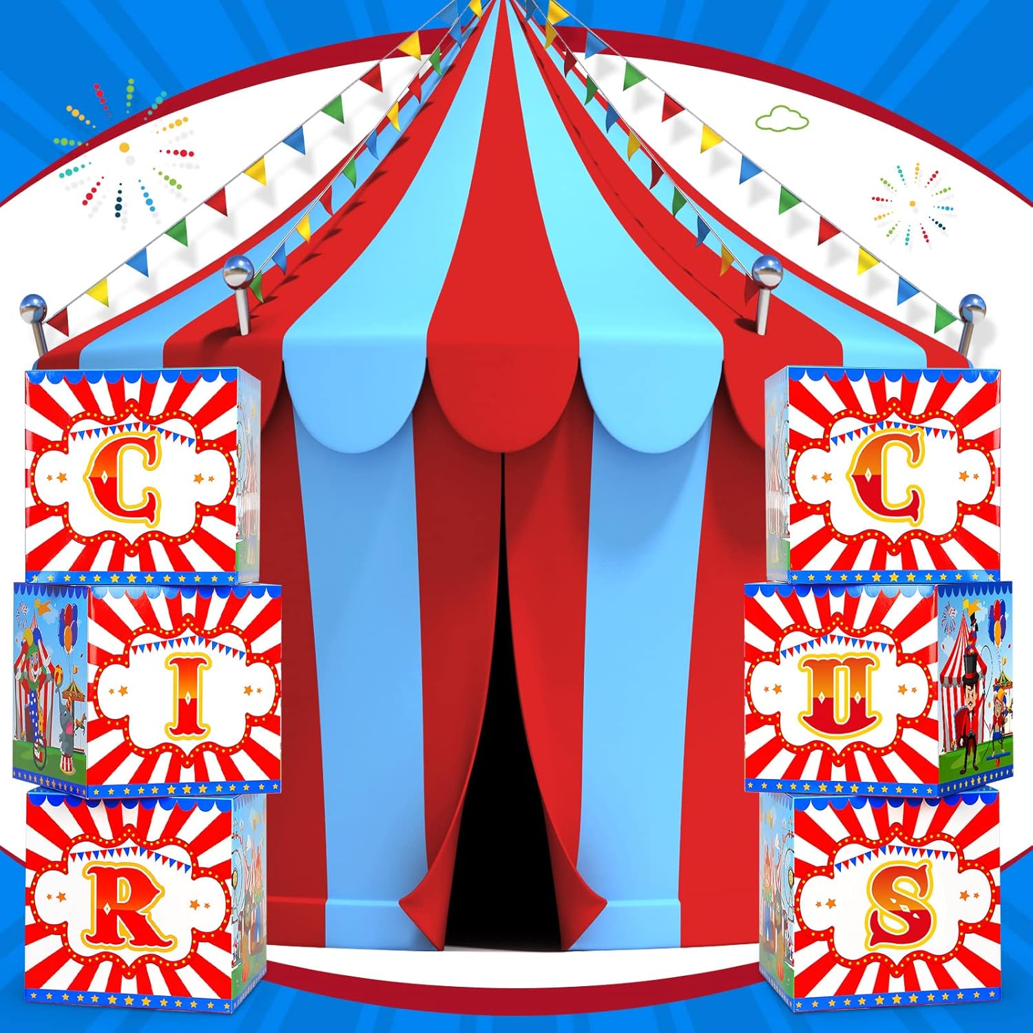 Yexiya Carnival Circus Theme Party Decorations 6 Pcs Large Circus Party Favors Boxes Blocks Birthday Decorations Supplies for Carnival Birthday Halloween Holiday Celebration(12 x 12 Inch)