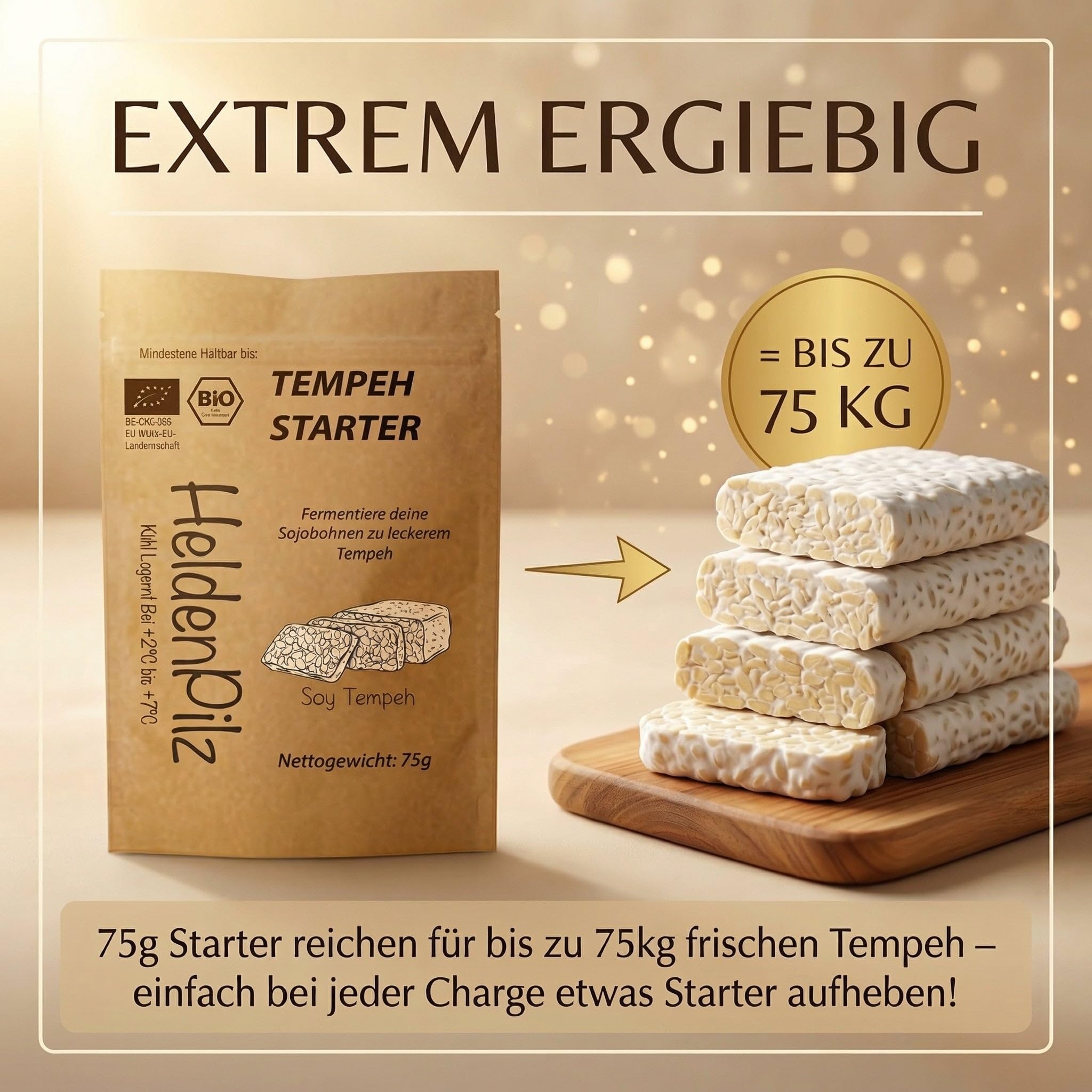 Coltura Starter BIO per Tempeh (Polvere di Tempeh) Rhizopus Oligosporus - fino a 75 KG di Tempeh fatto in casa! Preparazione di Tempeh fatto in casa (Starter per Tempeh 15g)