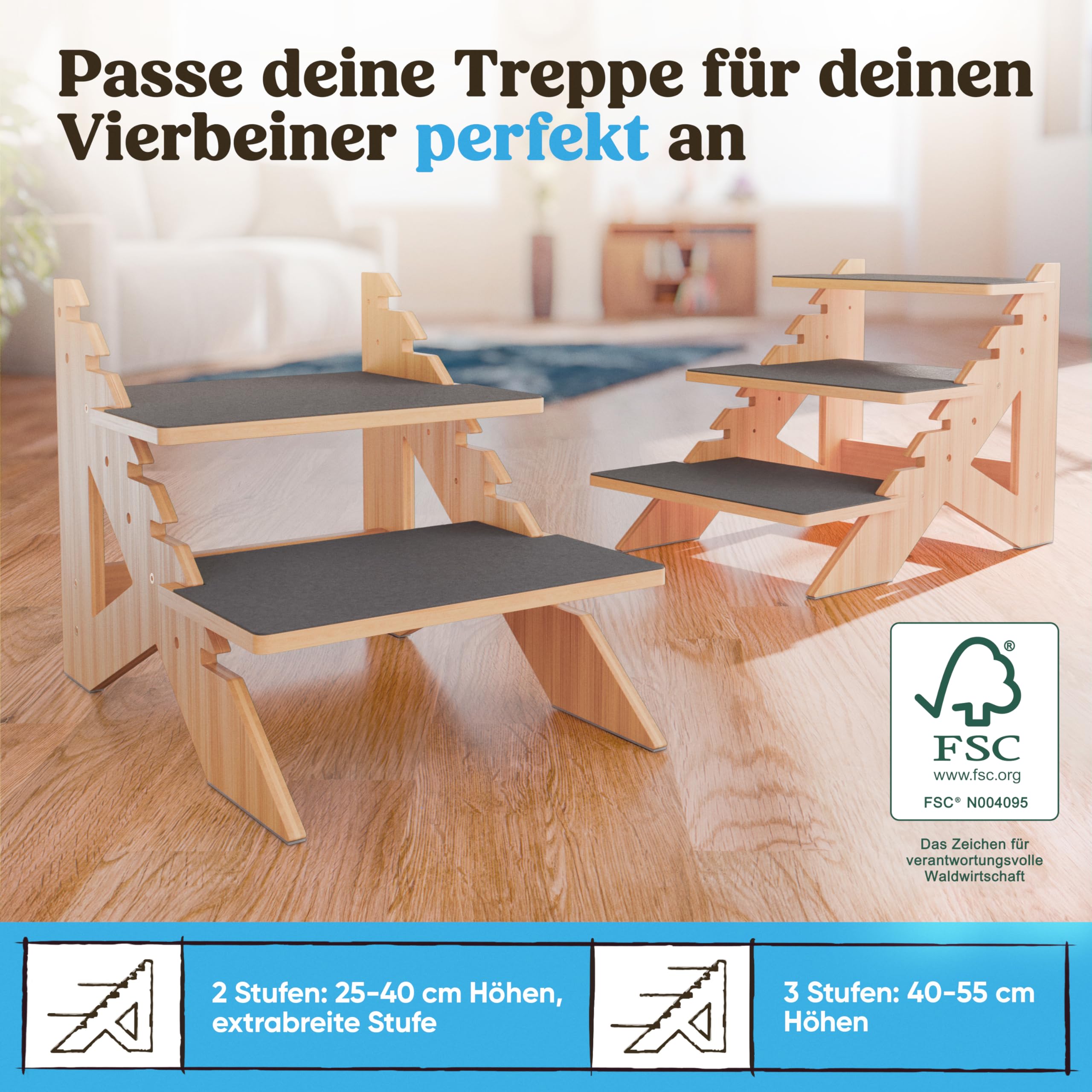 AMAZINGs Haustiertreppe für kleine, mittlere und schwere Hunde, Junge und alte Katzen. Flexibel einstellbar | Hundetreppe, Katzentreppe | 40 cm hoch, für Höhen von 25-55 cm, für Sofa, Couch, Bett