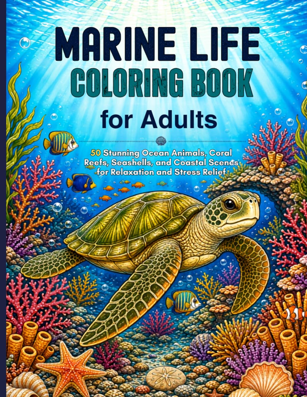 Marine Life Coloring Book for Adults: 50 Stunning Ocean Animals, Coral Reefs, Seashells, and Coastal Scenes for Relaxation and Stress Relief
