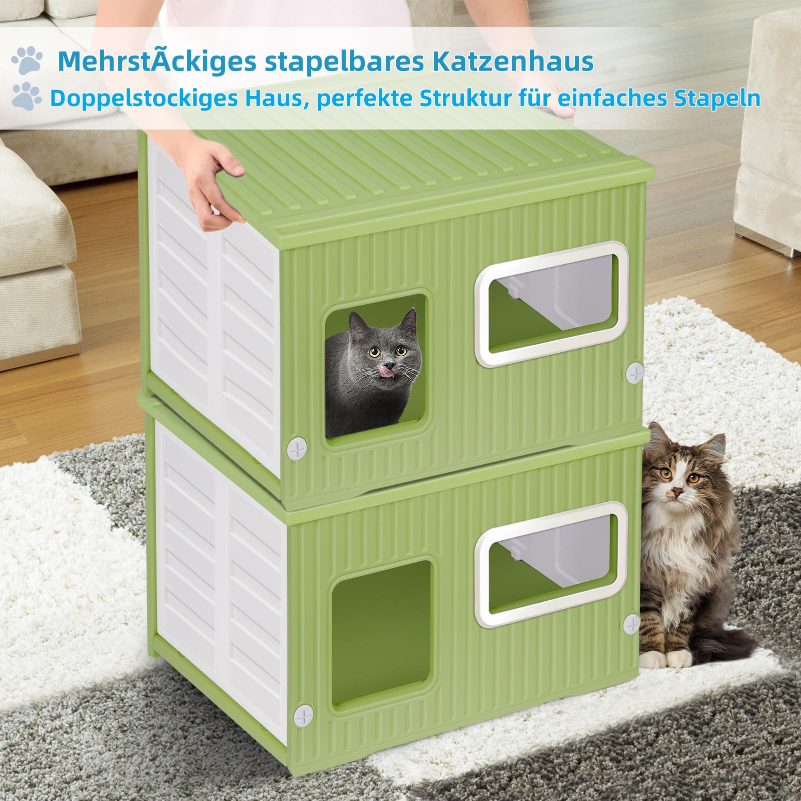 Kunststoff-Katzenhaus für Drinnen und Draußen mit Doppelseitigem Kissen Wetterfestes Katzenhaus für alle Jahreszeiten Geeignet(Grün und Weiß, 56 * 38 * 36)