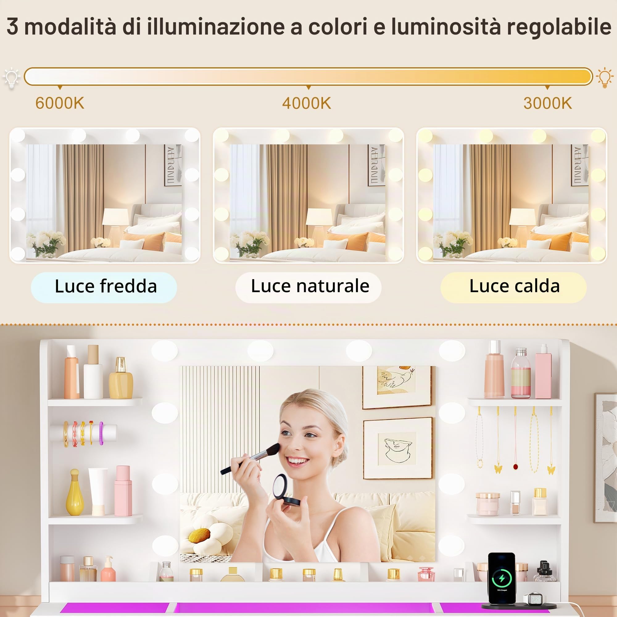 ANWBROAD RGB Toeletta da Trucco con Specchio e Luci LED Regolabili, Bianca