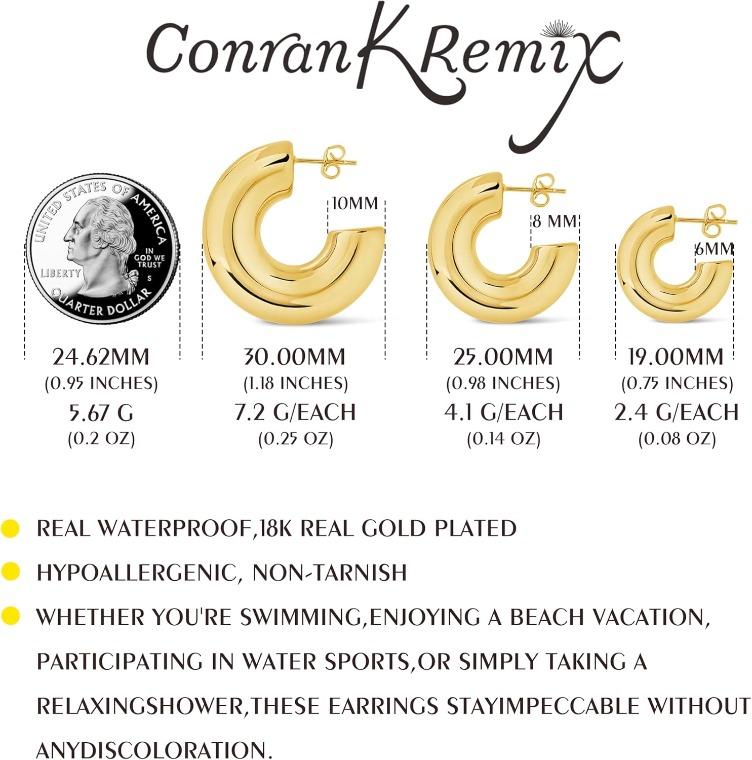 CONRAN KREMIX Waterproof Chunky Gold Hoops Earrings for Women Non Tarnish, Thick Gold Plated Circle Open Hoop,Lightweight Hollow Earrings Trendy - Image 3