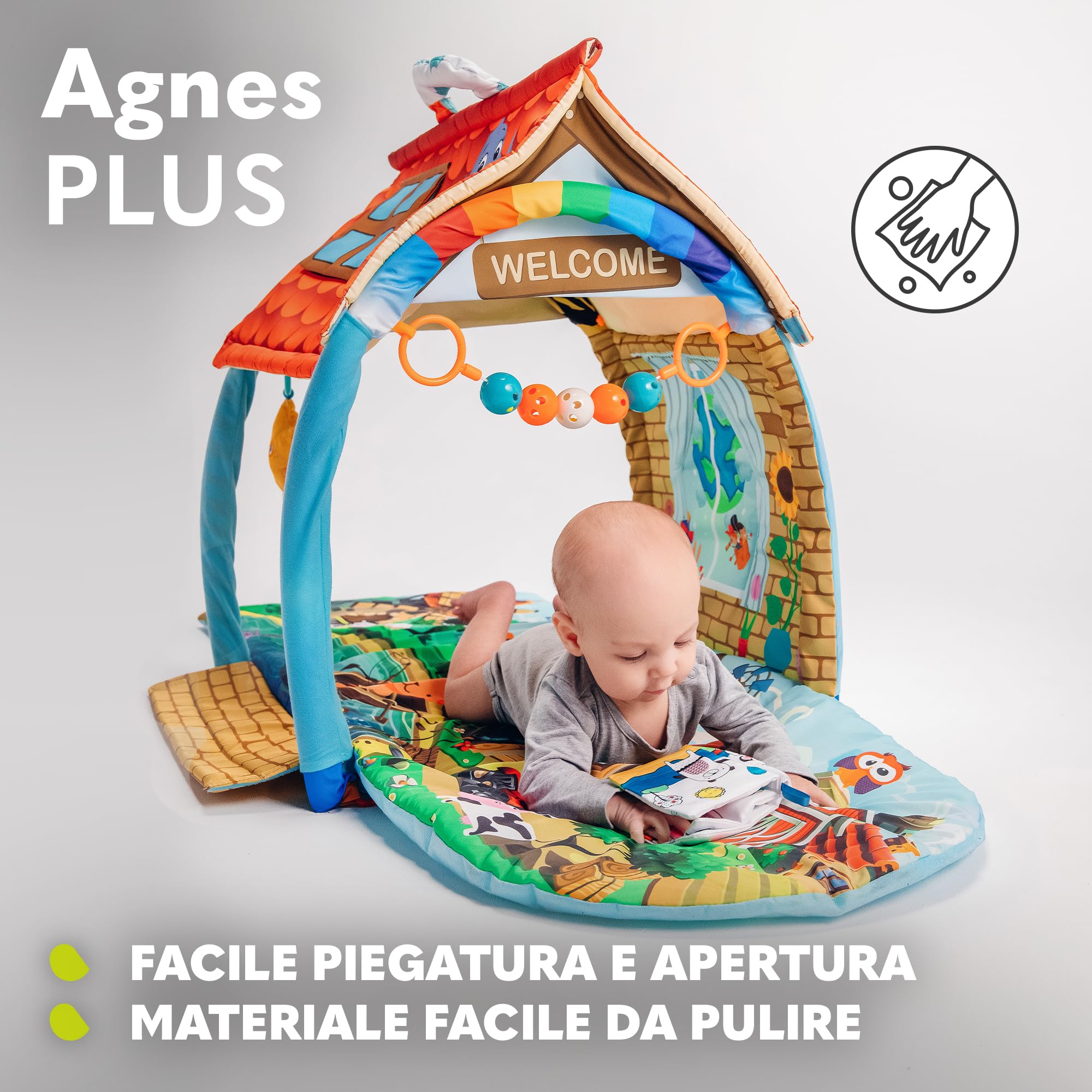 lionelo Agnes Palestrina 2 in 1 con Tappetino Evolutivo 142 x 142 cm | Dalla Nascita, Casetta, Massaggiagengive, Giochi Pendenti, Libricino Interattivo, Sonagli, Sviluppa i Sensi