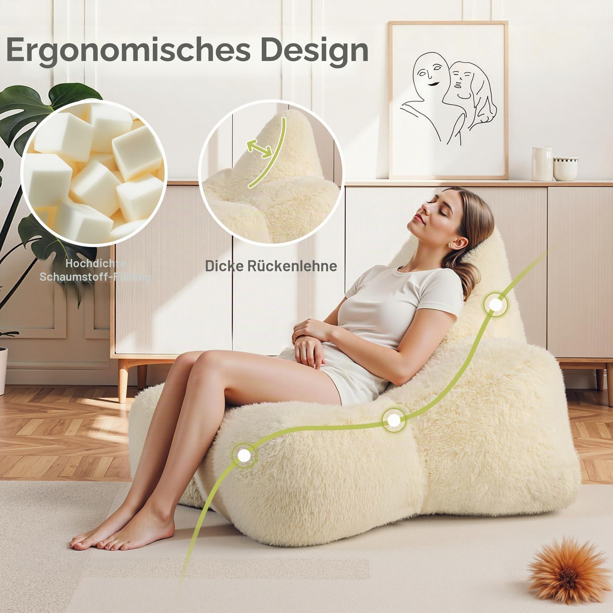 Pamapic Sitzsack-Stuhl, großer Stern-Sitzsack-Stuhl mit Füllung enthalten, ergonomischer Liegestuhl mit extra großem Sitz, flauschiges faules Sofa, Sitzsack für Erwachsene, Loungesitz für Wohnzimmer