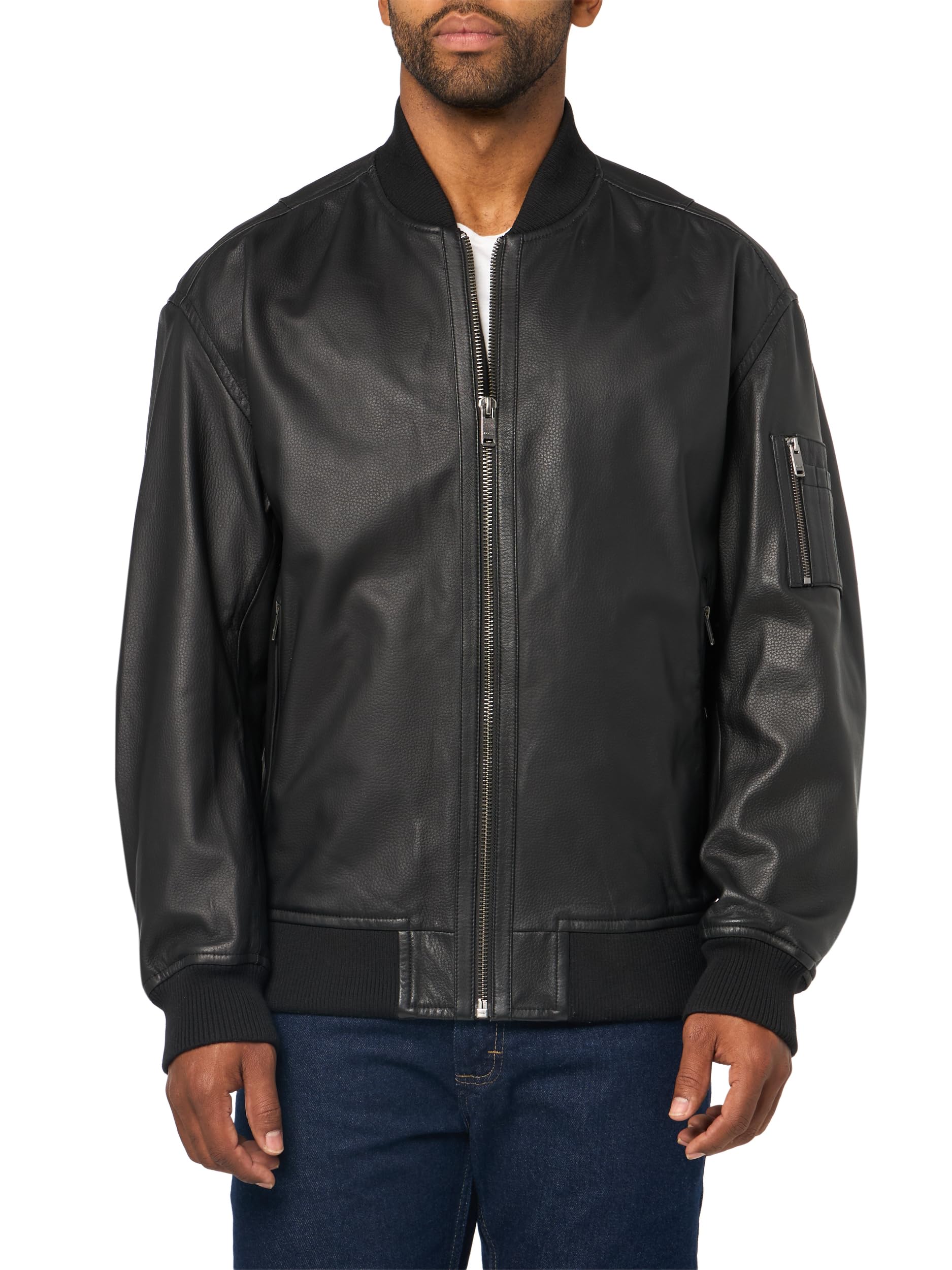 

                                                    BOSS, Jakri Zip Up Leather Bomber Jacket, black ma
