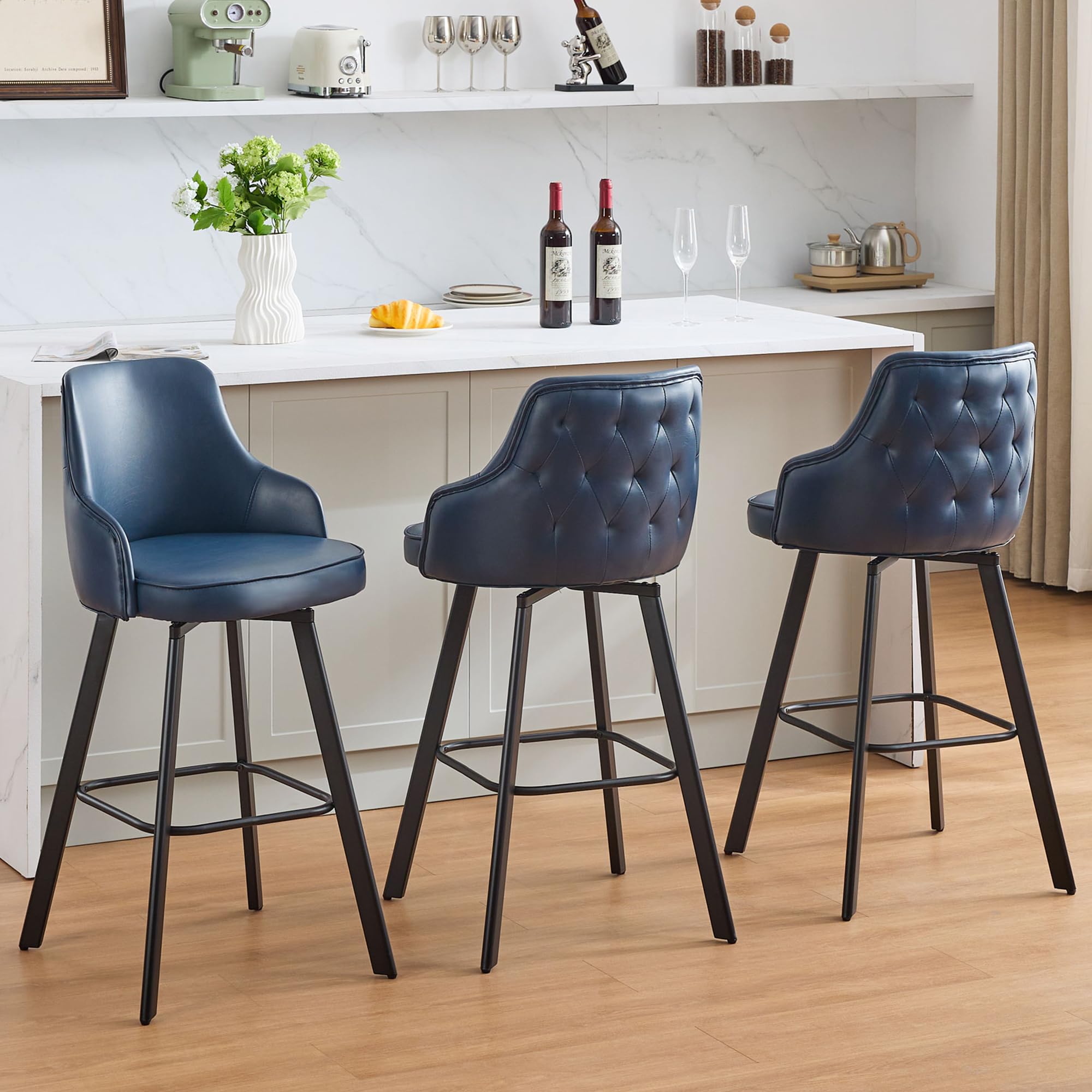 FIRAVOE Bar Stools Set of 3, 30" Swivel Bar Height Bar stools with High Back, Faux Leather Kitchen Barstools Bar Height for Kitchen Island (Navy Blue,