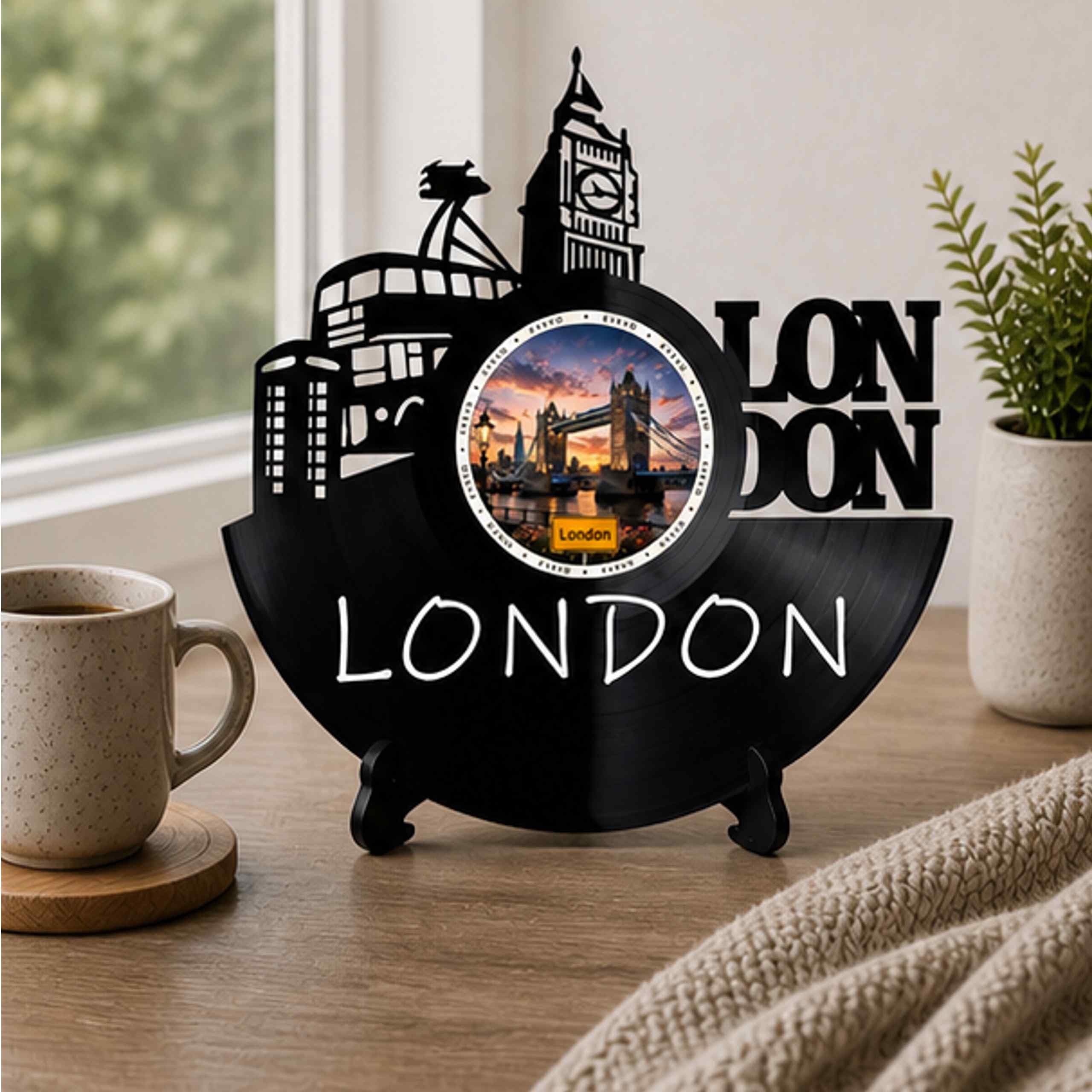 EVEVO Decorazione da parete a forma di disco di Londra, in vinile, motivo skyline dell'Inghilterra, regalo per i fan di Londra, amanti del Regno Unito, D0050