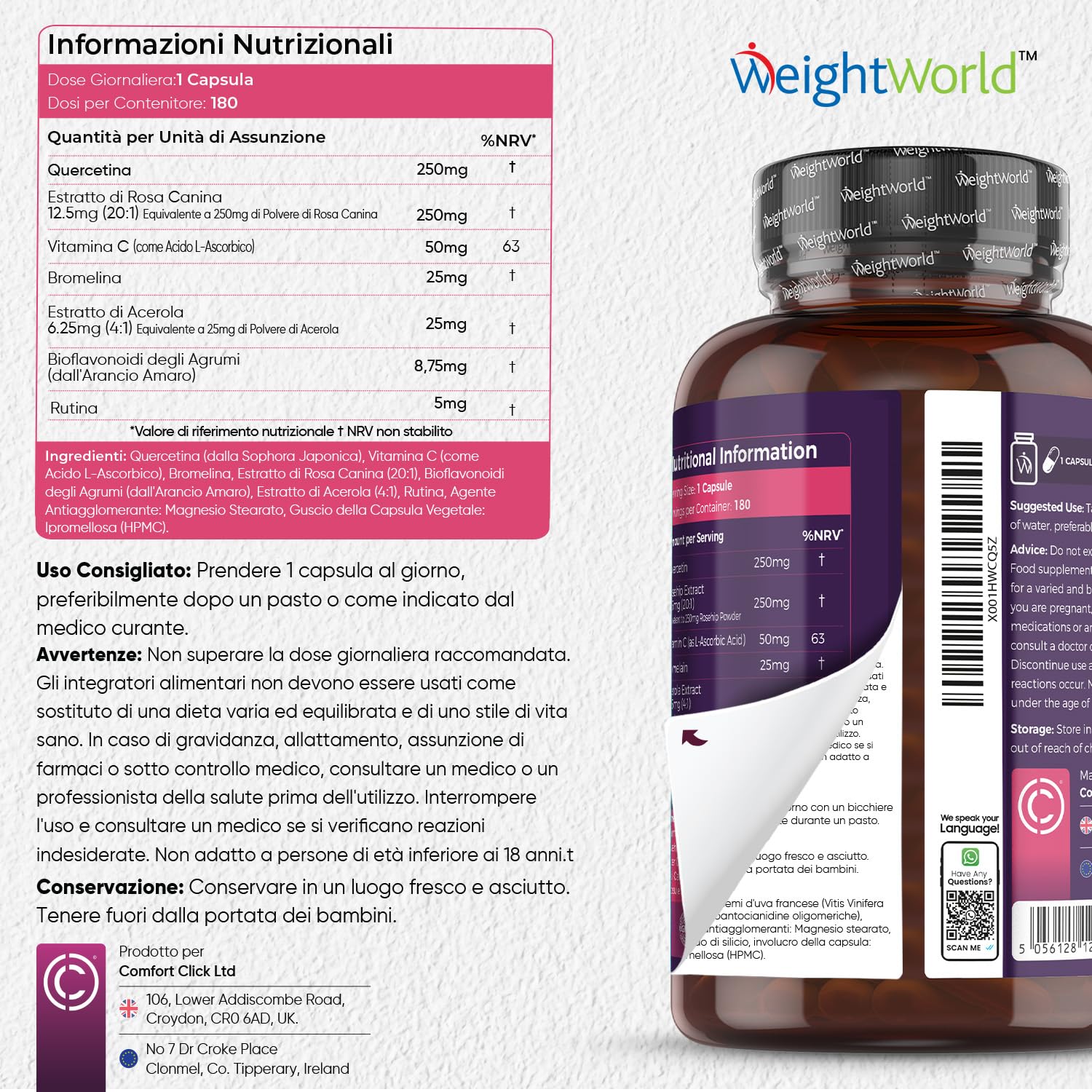 Quercetina 610mg, Quercetina Complex 180 Capsule Vegan (6 Mesi), Quercetina e Bromelina con Rosa Canina, Rutina, Bioflavonoidi - Vitamina C, Sistema Immunitario, Stress Ossidativo - Quercitina Complex