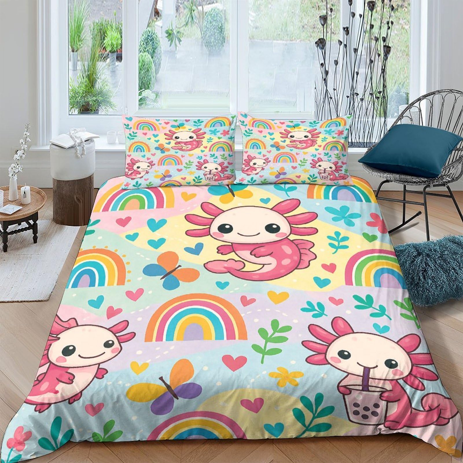 Ctjqhvkz Style-7 3D Printed Axolotl Rainbow Fitted Sheet Microfiber Bedroom Decor Butterfly Mattress Cover Anti-Slip Machine Washable Single（135X200cm）
