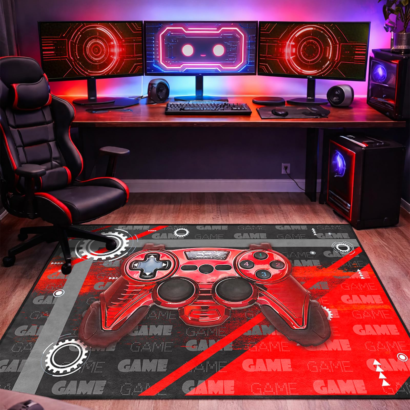 Grande tappeto per ragazzi con gamepad 3D rosso, grande tappeto per camera da letto, cameretta dei bambini, controller di gioco, videogiochi, tappetino nero per soggiorno, decorazione per la casa,