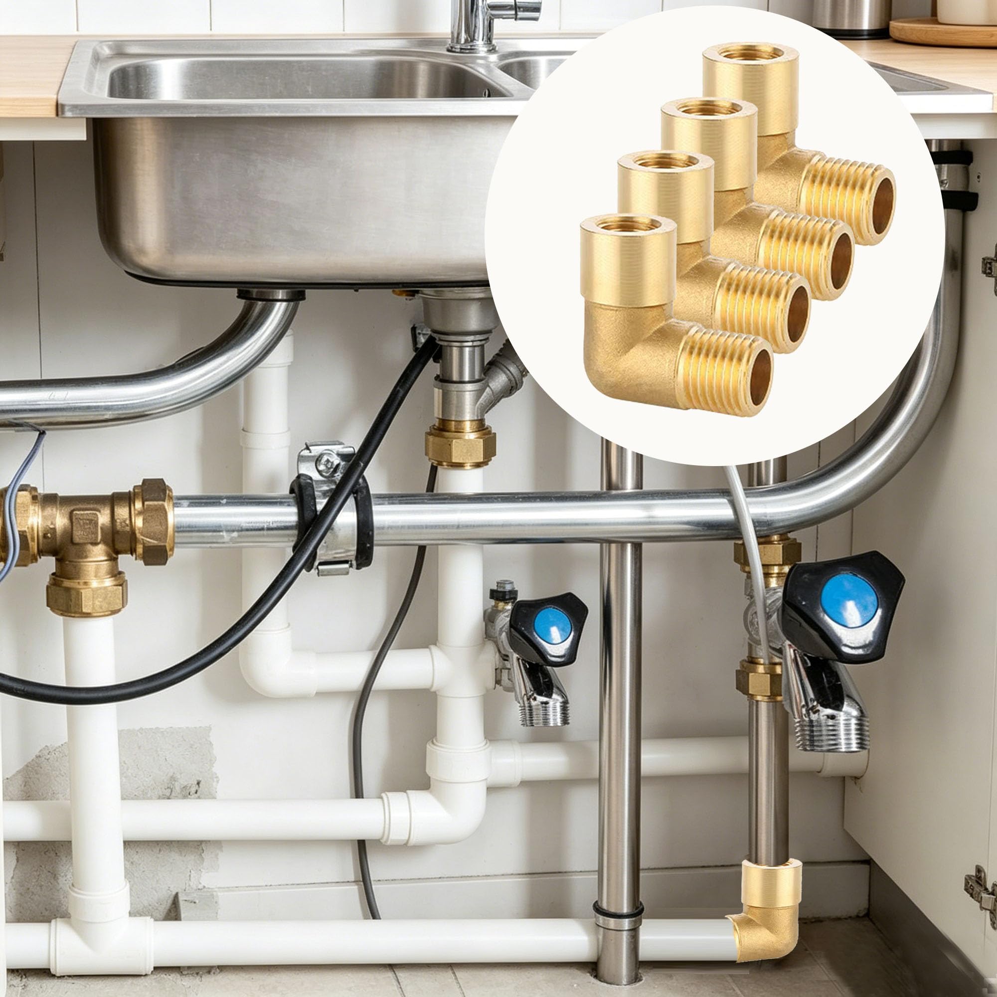 4 Stück Messing Winkel 90°, 3/8" IG/AG, DN 10 Rohrwinkel Bogen, 3/8 Zoll Innengewinde x Außengewinde Sanitär Anschlussstücke Winkel, 90 Grad Messing Bogen für Wasserschlauch
