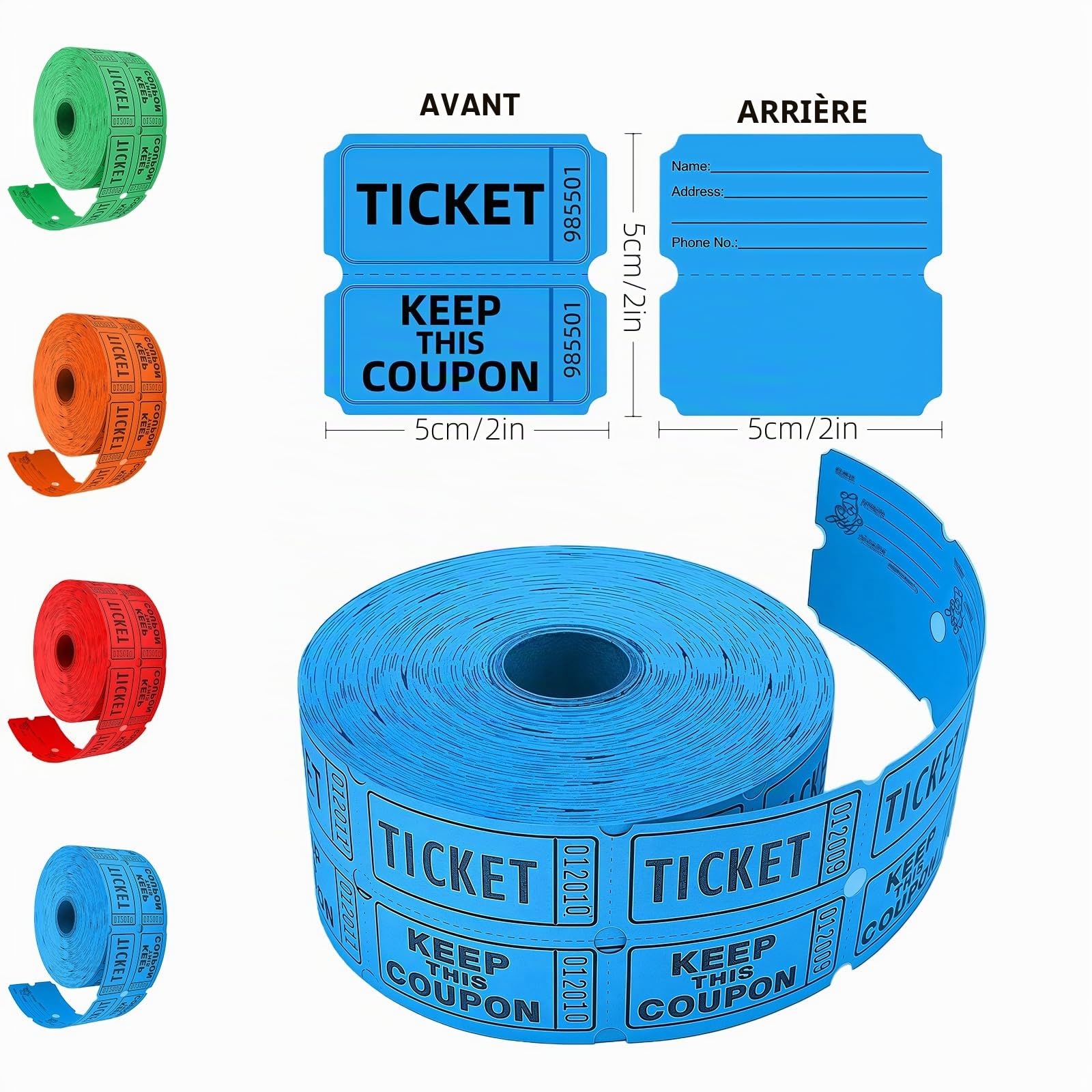 Lot de 4 rouleaux de tickets tombola doubles - 4000 billets numérotés (rouge, orange, vert, bleu) - Verso inscriptible - Billets d'entrée détachables pour événements, fêtes, collectes de
