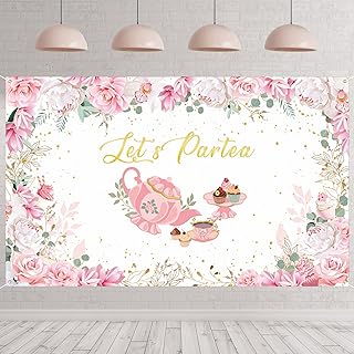 Tegeme Let's Partea Party Backdrop Tea Party Banner Decorations Background for Shower Birthday Photo Prop(6 x 3.6 ft,White)