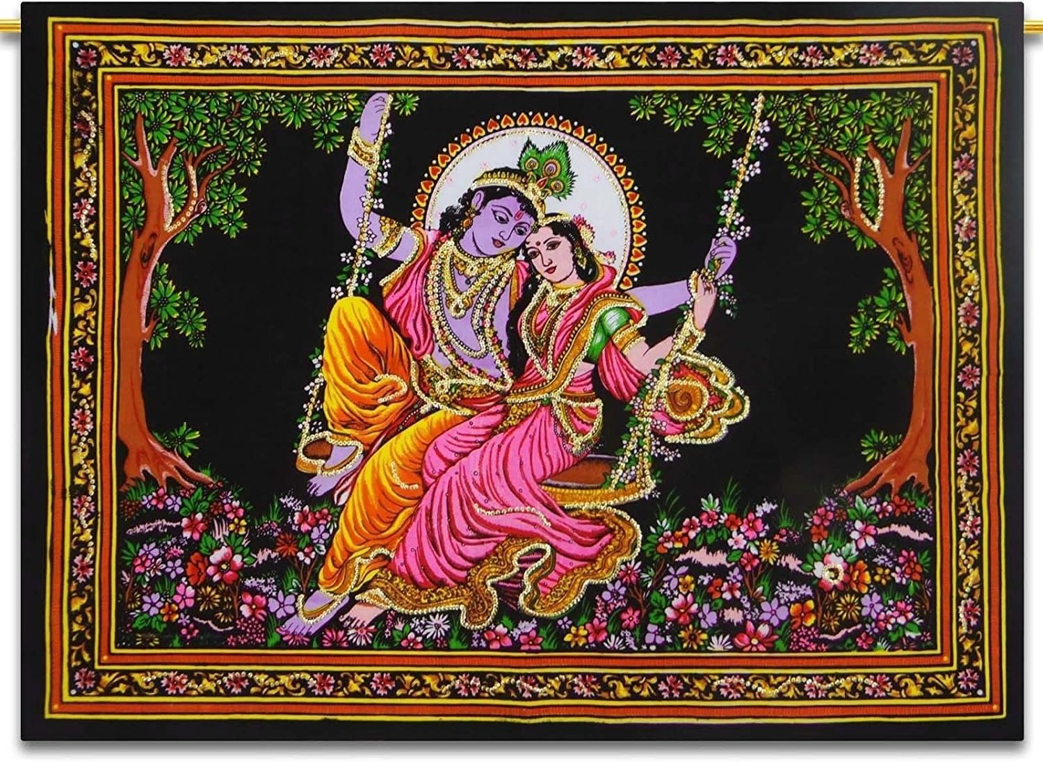 God Krishna Indian Lord & Radha In Swing Batik Cotton Wall Poster Sequins Work